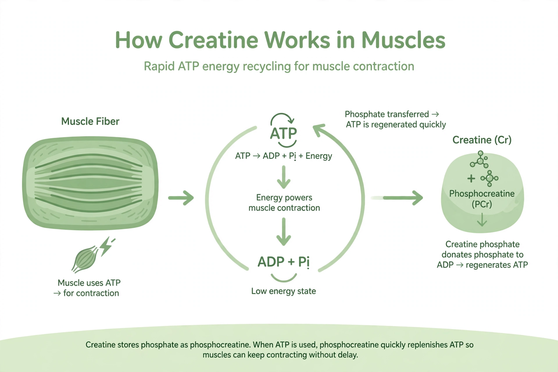 Illustration showing how creatine helps muscles recycle ATP energy during exercise