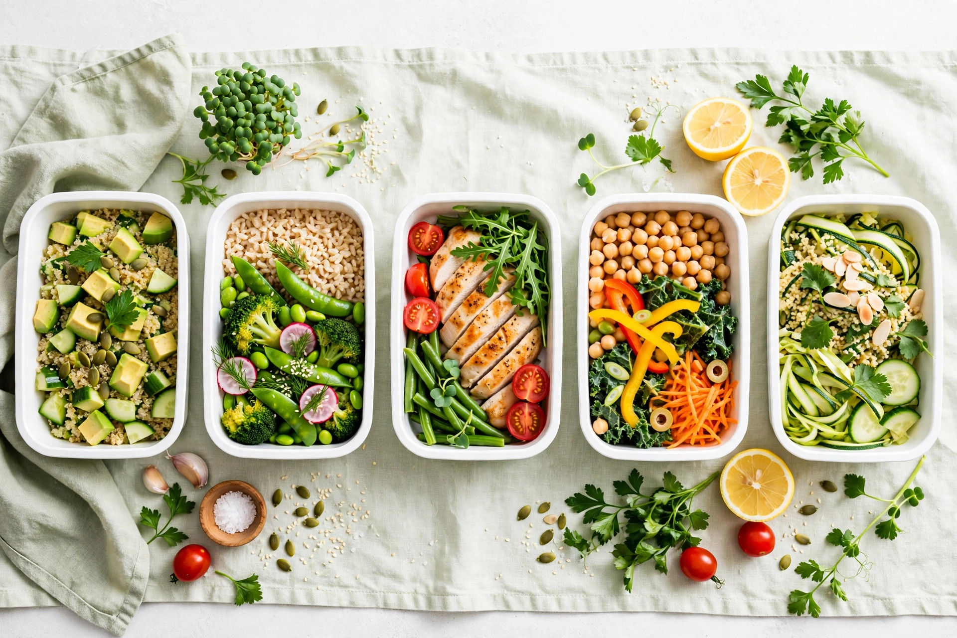 Flat-lay of healthy meal prep containers with colorful vegetables, grains and proteins in white and green tones