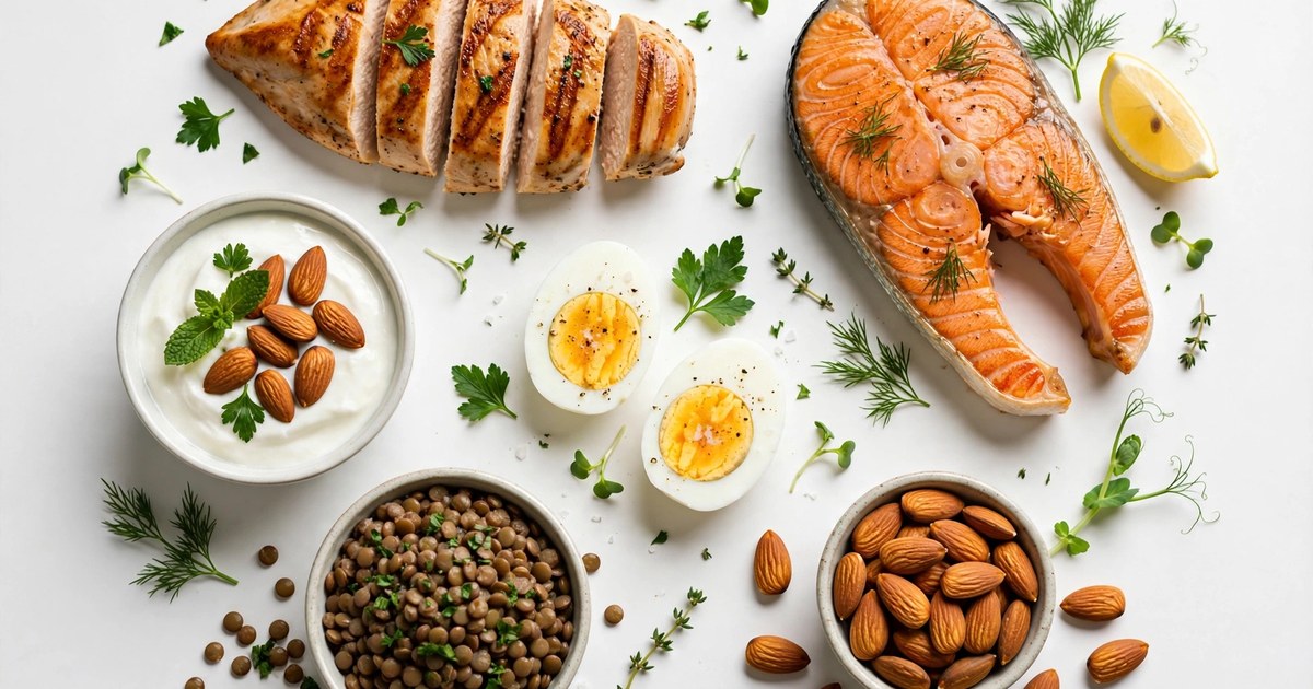 High-protein meal with chicken, eggs, lentils and vegetables