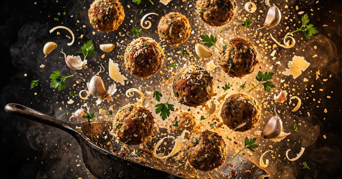 Explosive-action shot: golden turkey meatballs launching into the air with whole garlic cloves, parmesan shavings and parsley leaves flying, cast-iron skillet below, dark moody background with golden rim lighting