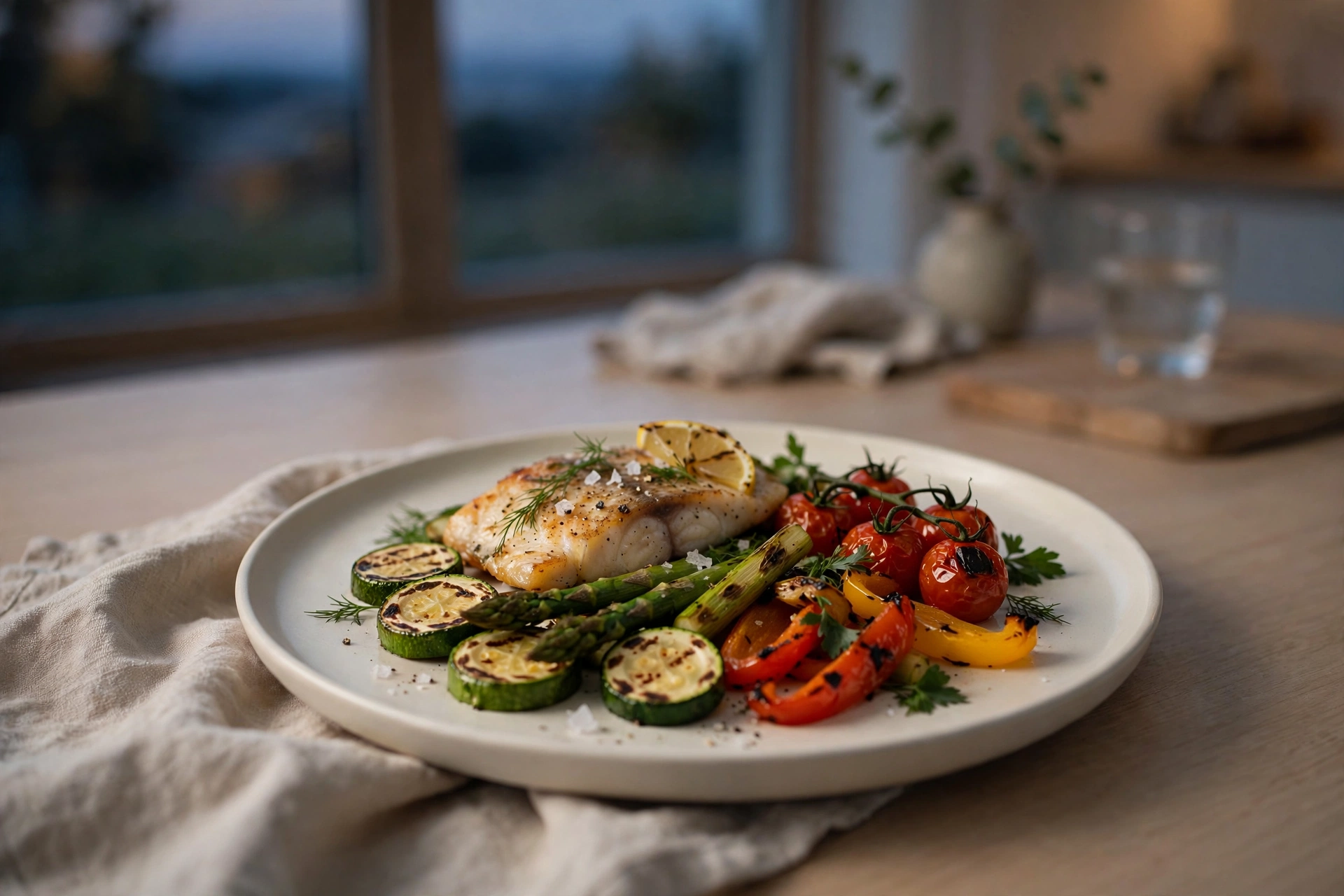 Leichter Abendteller mit gegrilltem Fisch, Spargel, Zucchini und geröstetem Gemüse