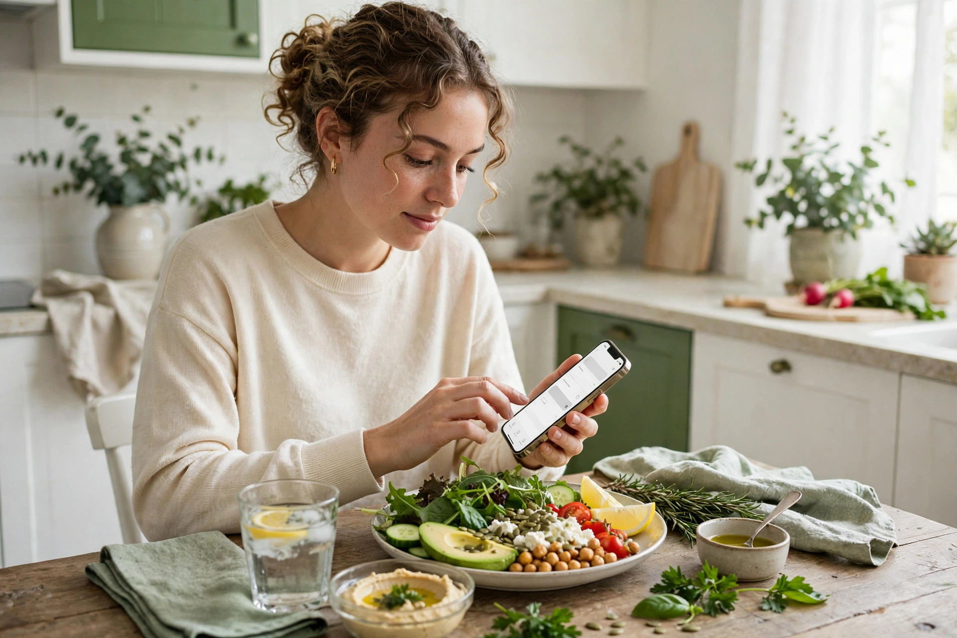 Person logging food on a phone next to a healthy lunch plate