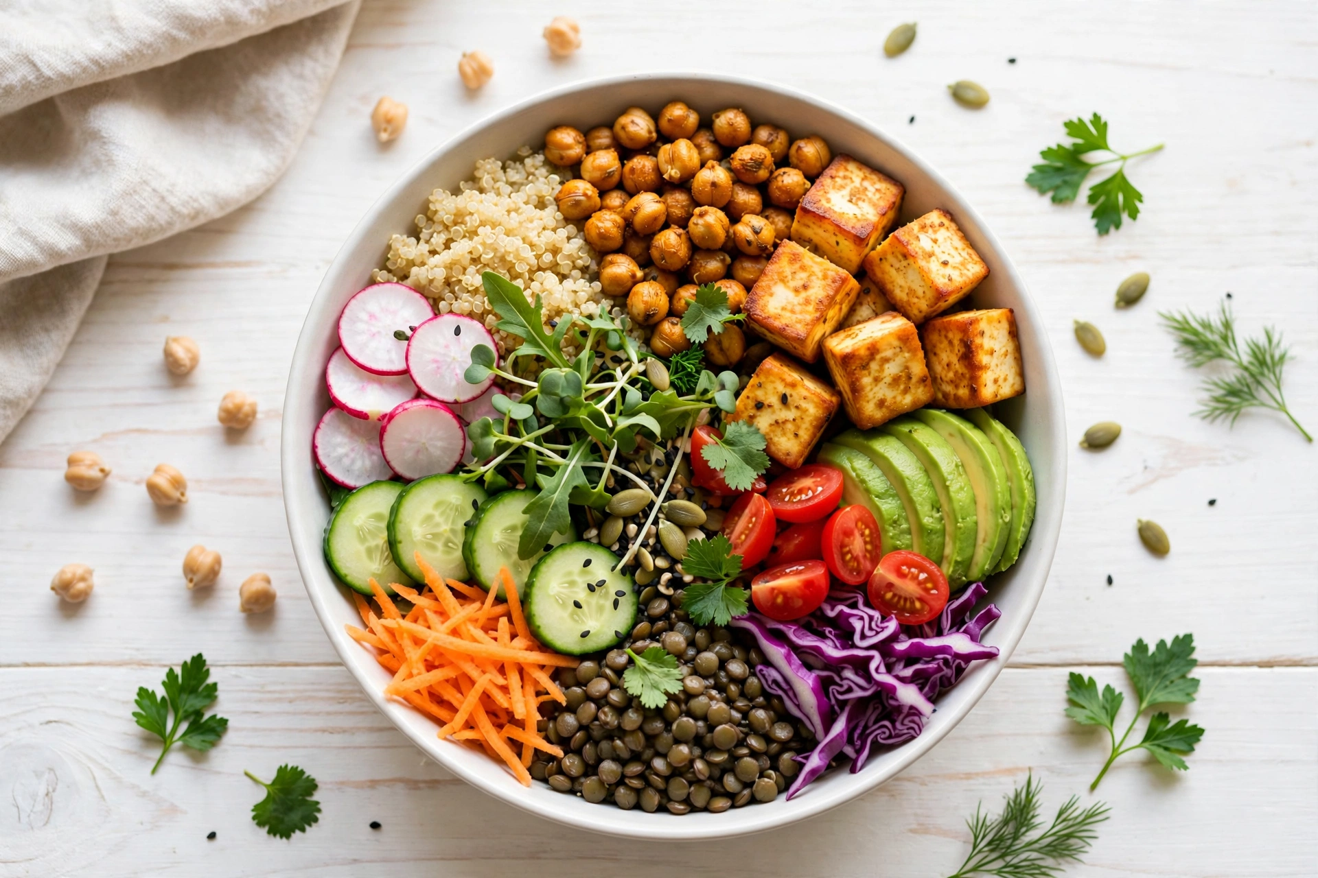 Vegetarian protein buddha bowl with roasted chickpeas, quinoa, tofu, lentils, avocado, and fresh vegetables