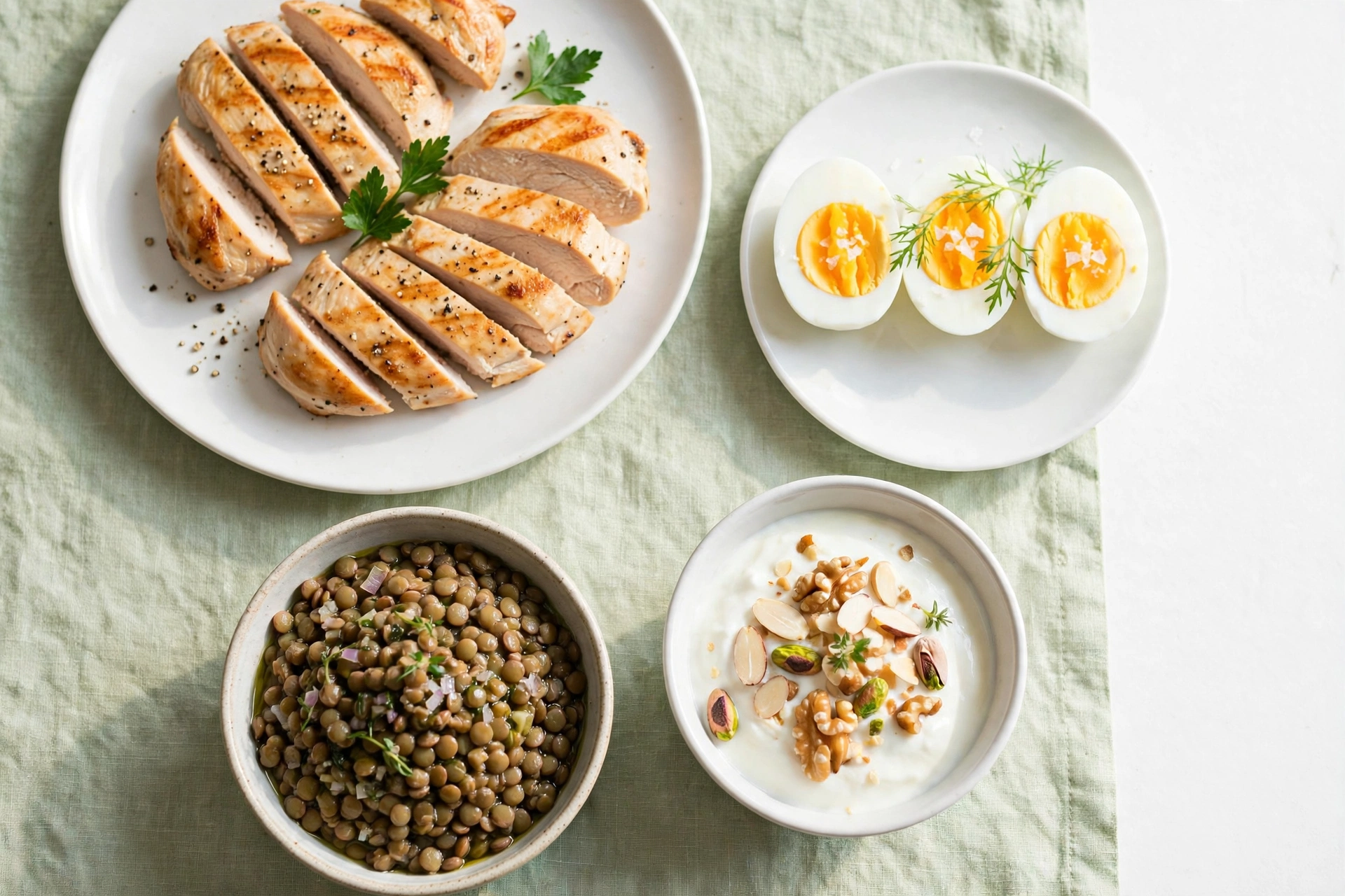 Plats riches en protéines sur assiettes blanches : poulet grillé en tranches, œufs durs coupés en deux, bol de lentilles et yaourt grec aux noix
