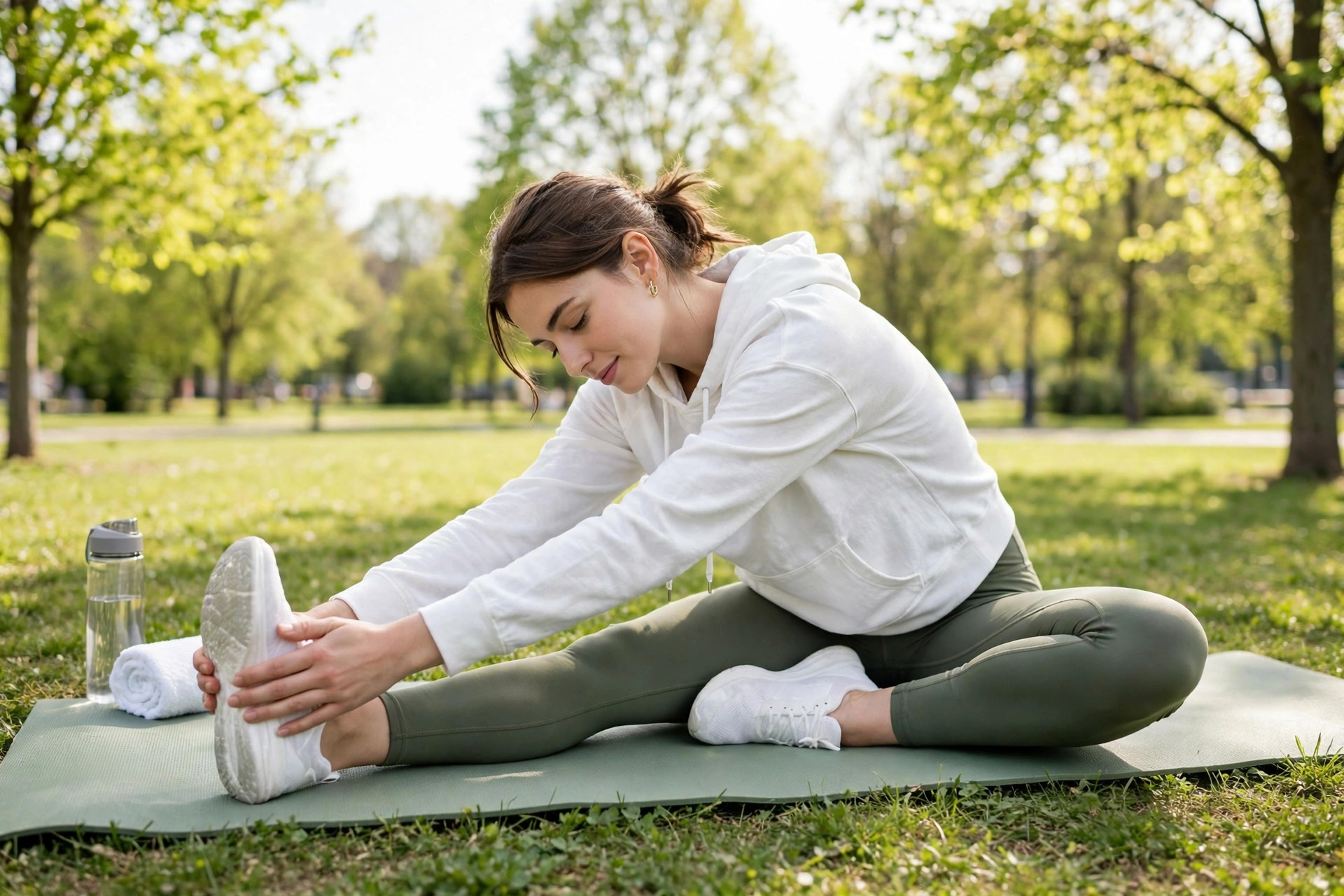 Personne faisant un étirement des ischio-jambiers assise sur un tapis de yoga après une séance en plein air
