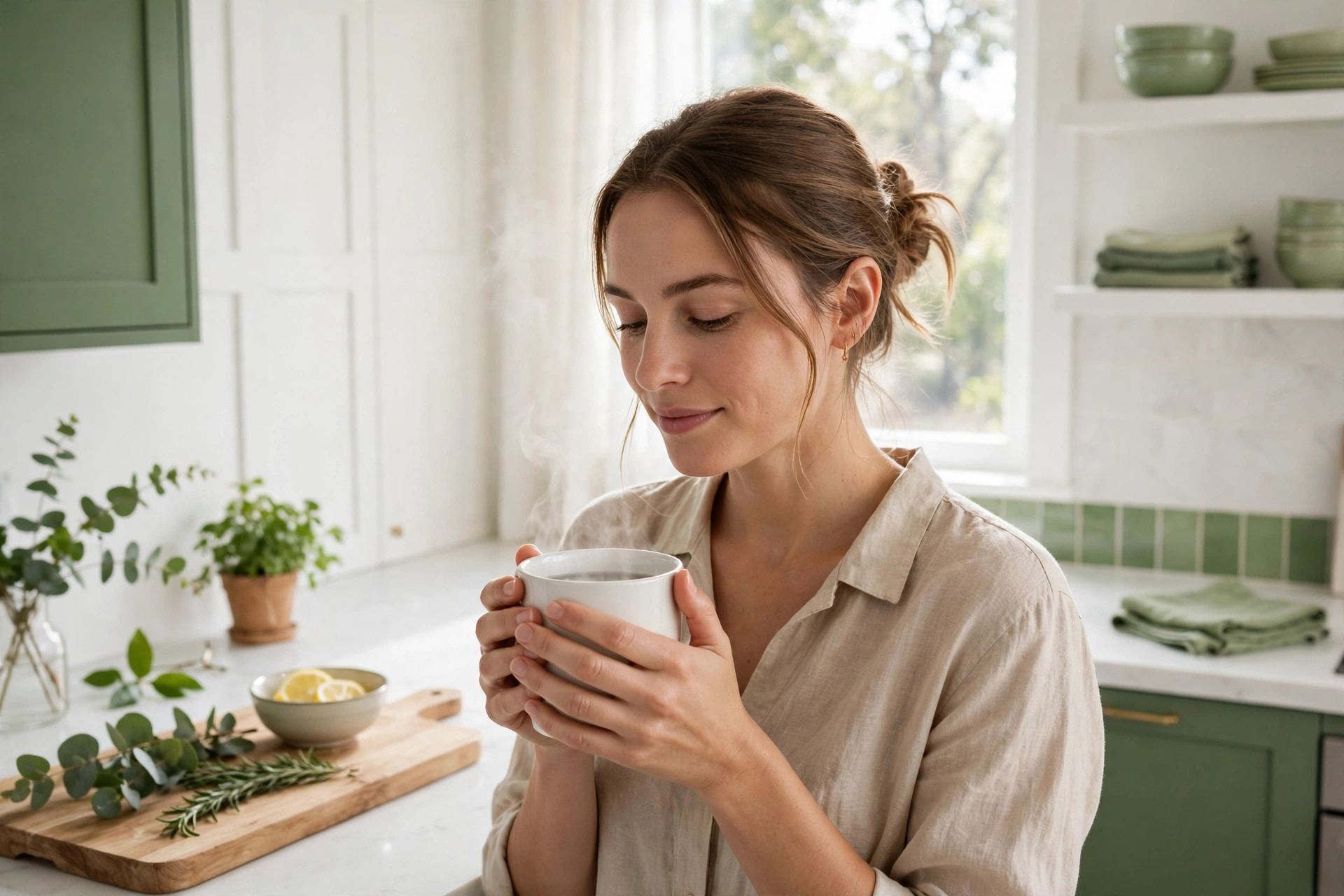 Iemand die 's ochtends warm water uit een mok drinkt