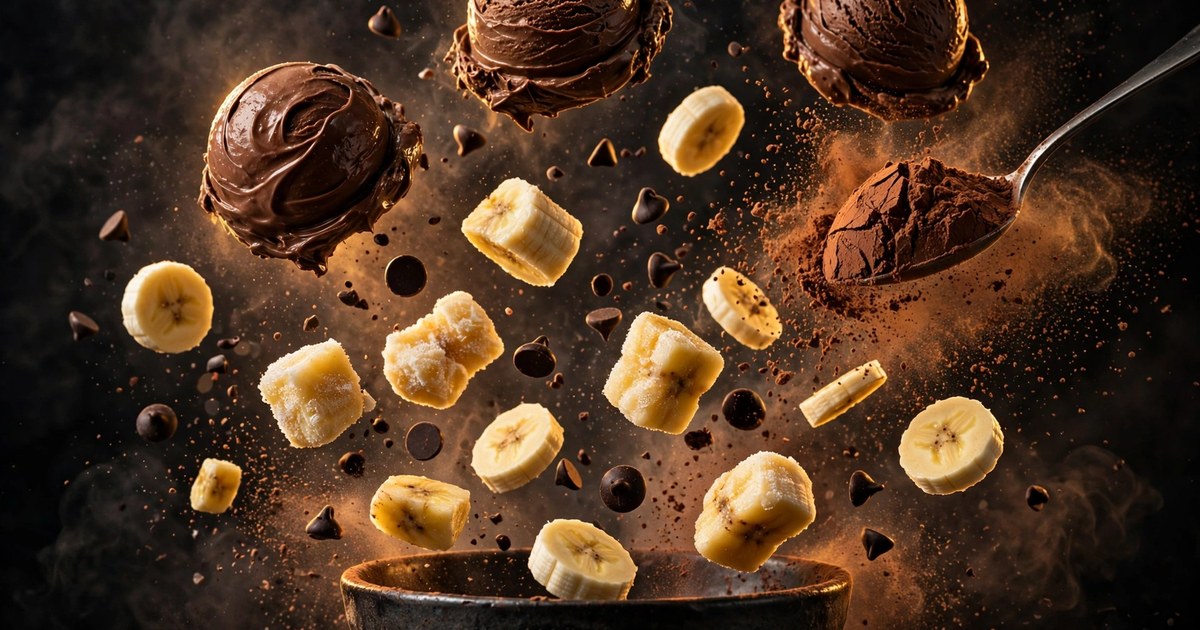 Explosive-action shot: scoops of chocolate banana nice cream, frozen banana chunks, banana slices, chocolate chips and a spoon of cocoa powder flying mid-air over a dark bowl — dark moody background with golden rim lighting.