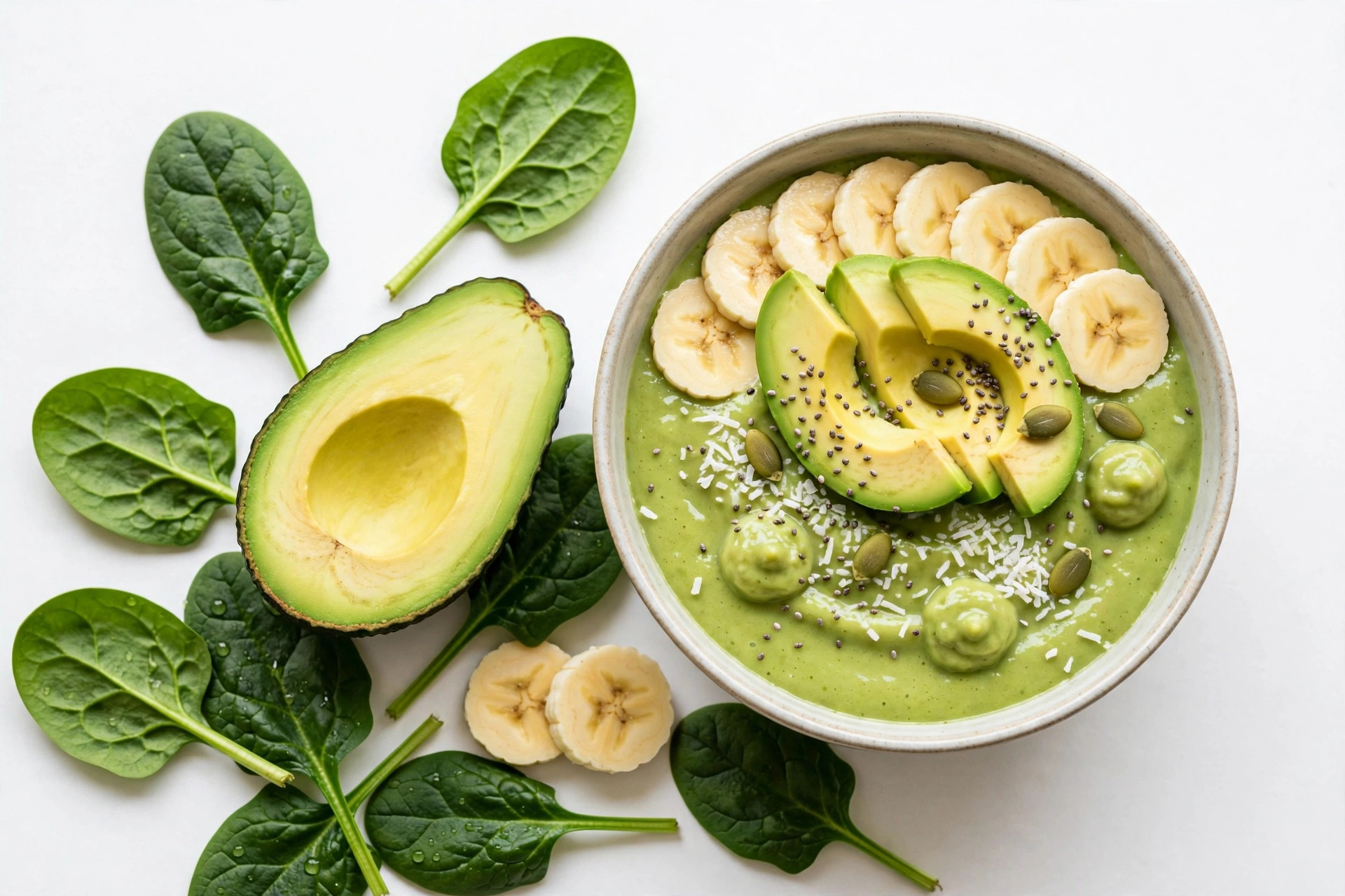 Fresh leafy green spinach leaves with avocado and banana smoothie bowl