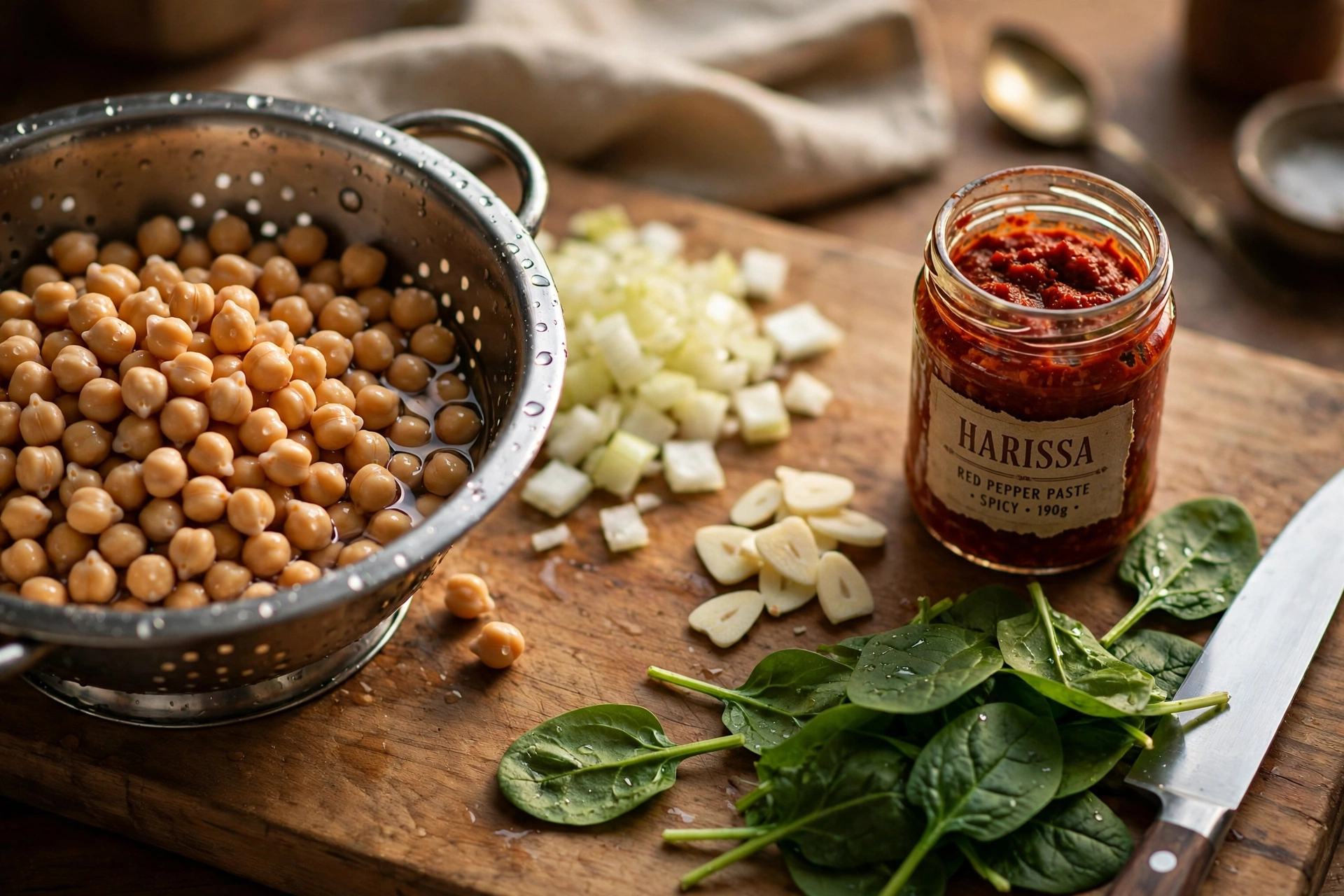 Step 1 — Spicy Harissa Chickpea & Spinach Stew