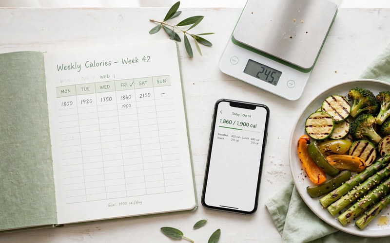 Cuaderno semanal de seguimiento de calorías y teléfono junto a una báscula de cocina y verduras a la parrilla.