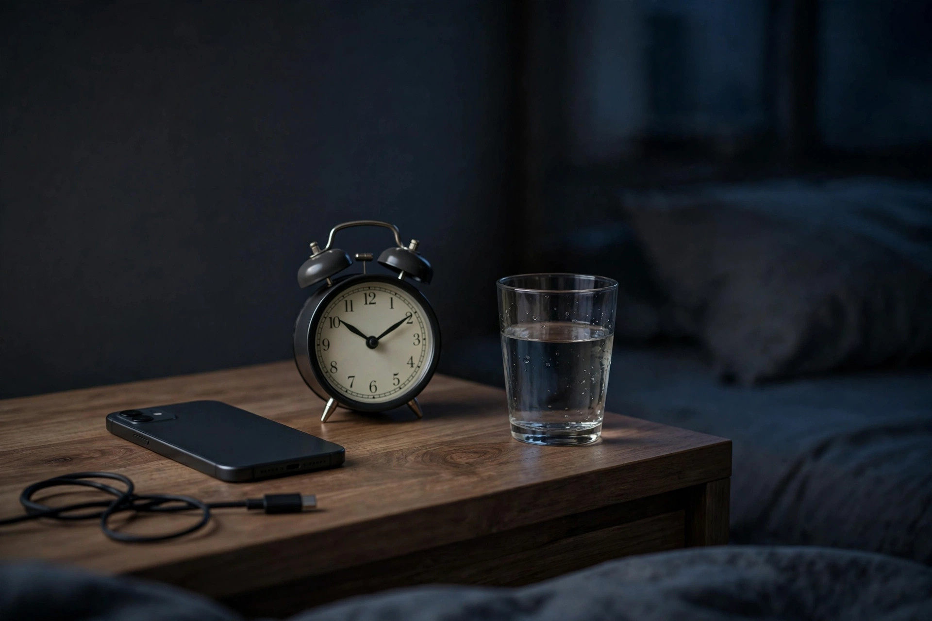 Smartphone face-down on nightstand next to alarm clock and glass of water