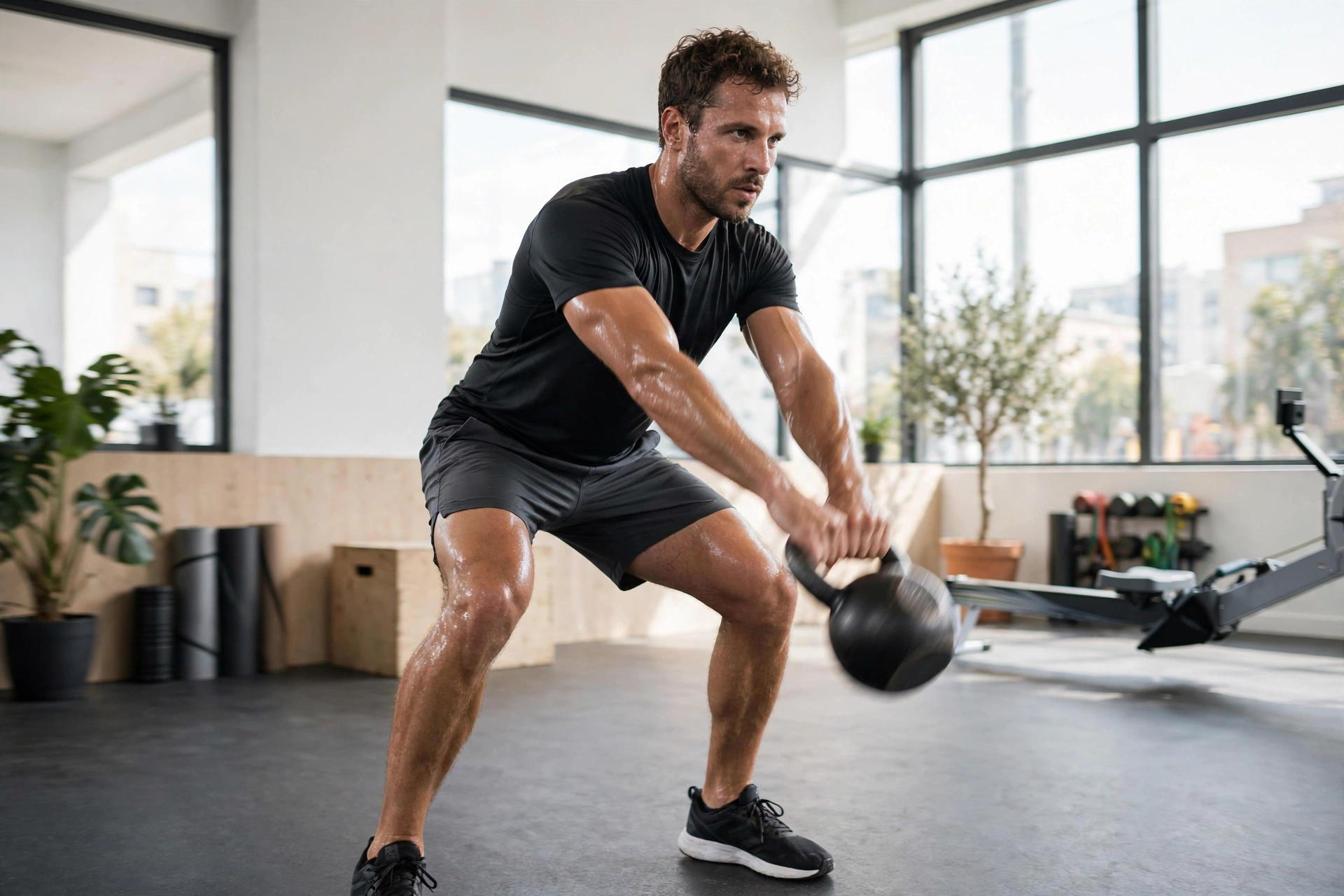 Een sportieve man die een kettlebell swing uitvoert in een lichte moderne sportschool — een klassieke HIIT-oefening