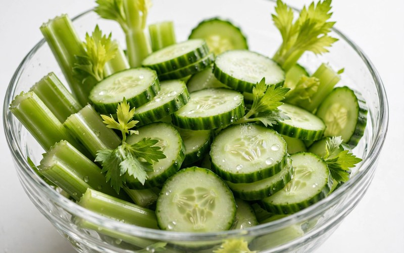Fresh celery sticks and cucumber slices in a glass bowl