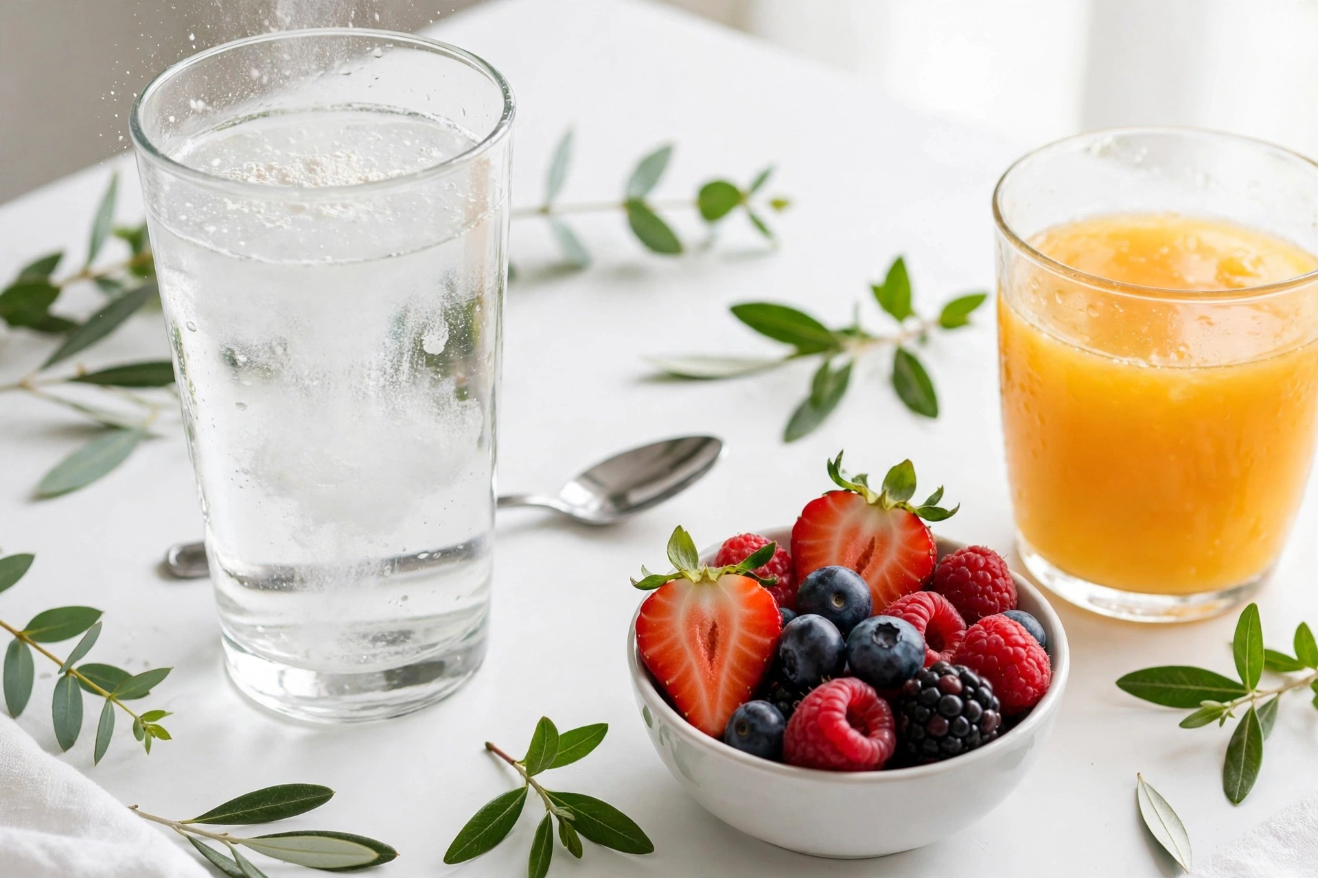 Un verre d'eau avec une dose de poudre de collagène et une cuillère, à côté d'un petit bol de baies et d'un verre de jus d'orange riche en vitamine C.