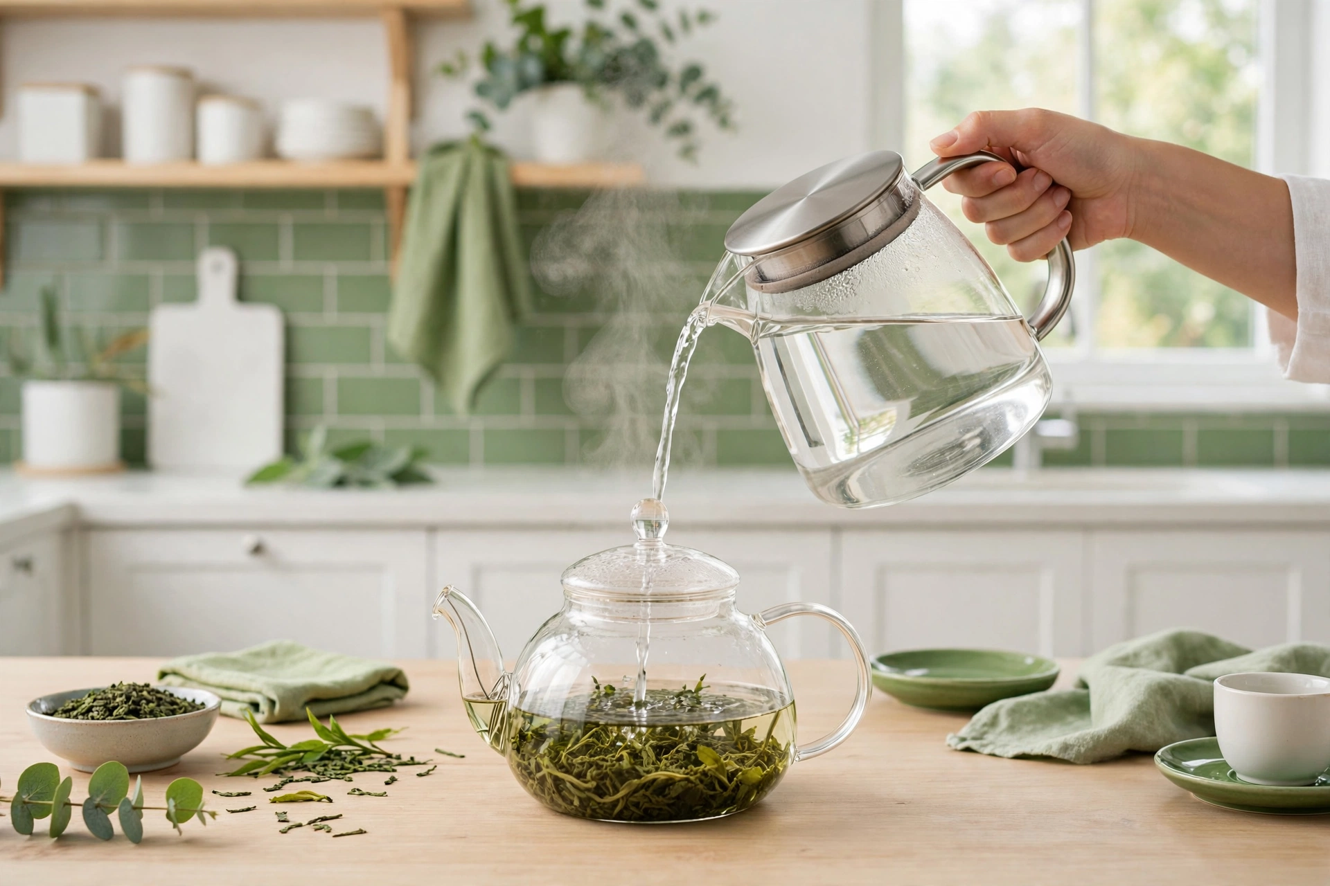 Hot water being poured into a glass teapot with loose green tea leaves