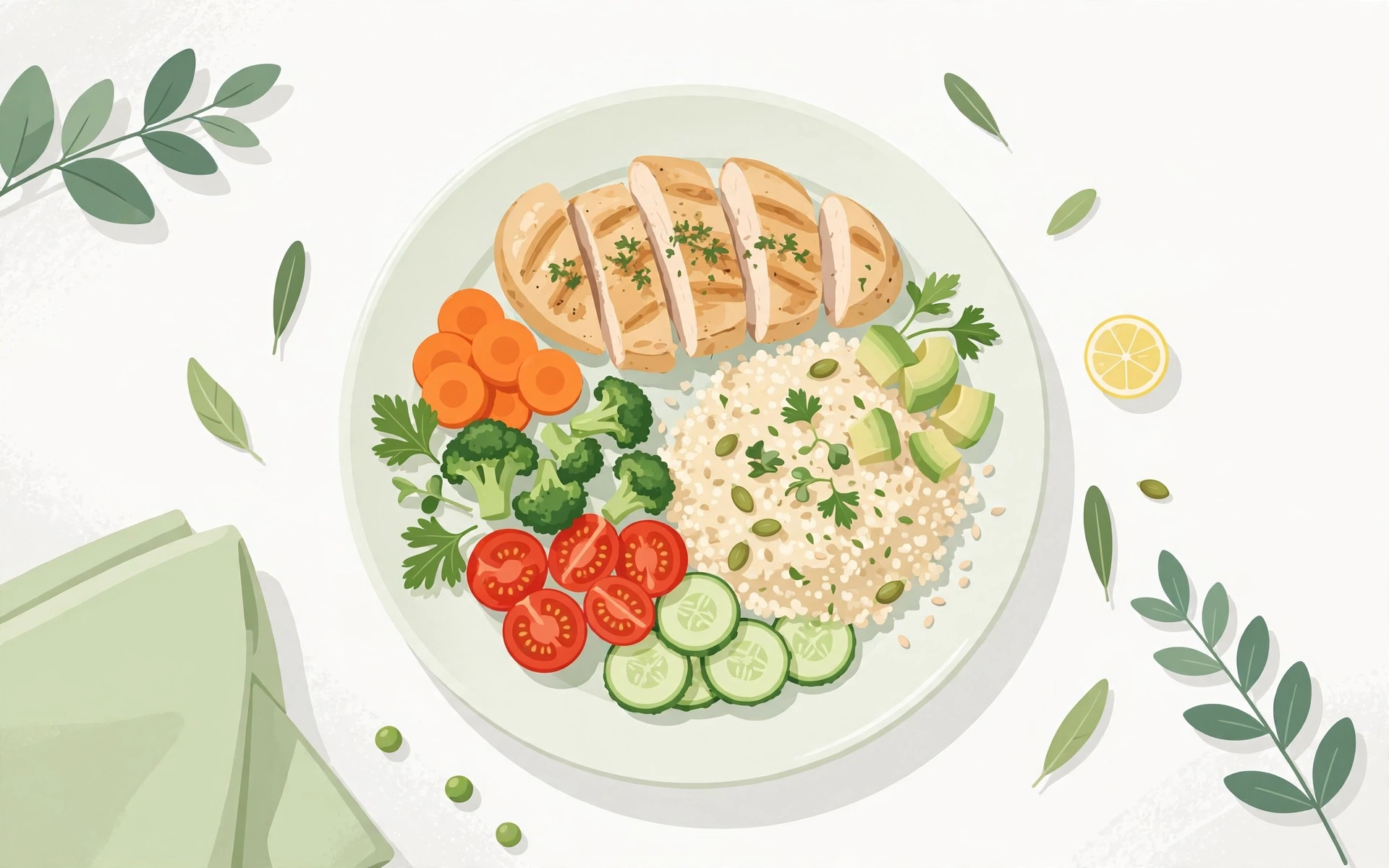 Healthy balanced dinner plate with sliced grilled chicken, quinoa and colorful vegetables on a white table