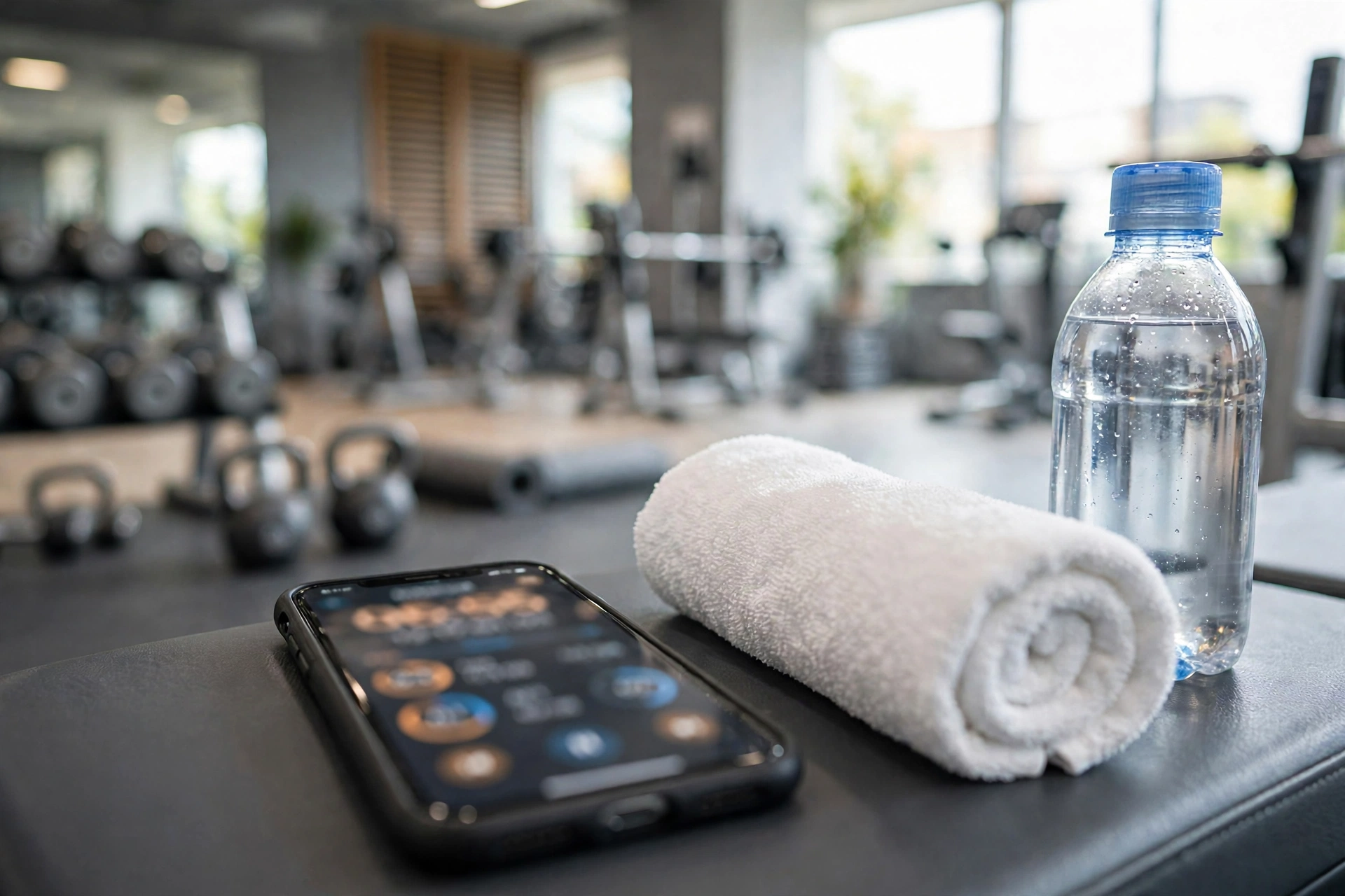 Een smartphone met een intervaltimer naast een opgerolde witte handdoek en een waterfles op een sportbank — hulpmiddelen om HIIT-intervallen te timen