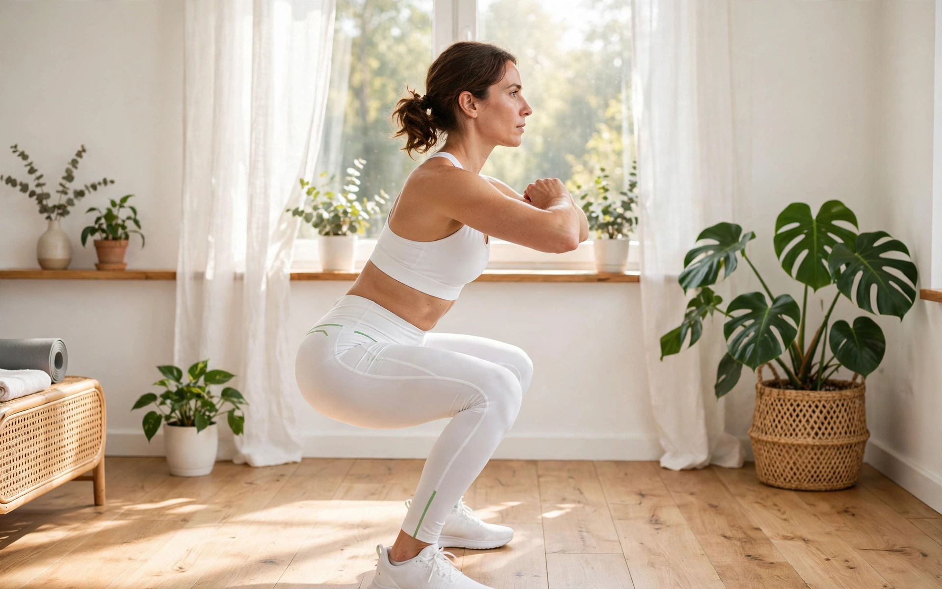 Bodyweight squats with proper form during a home workout