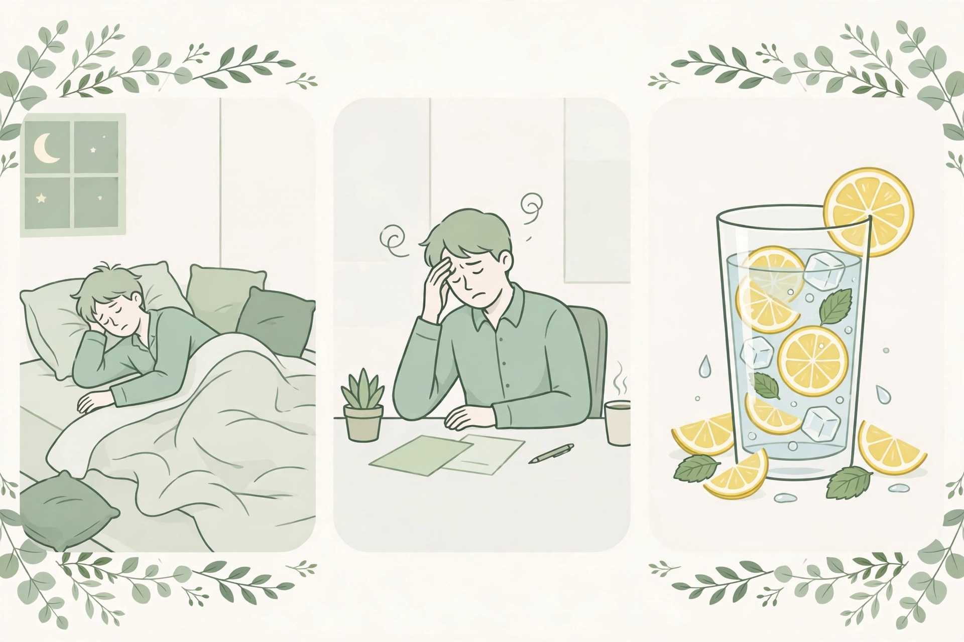 Three-panel soft illustration of hidden hunger causes: a person sleeping restlessly in bed at night, a stressed man at a desk rubbing his temples, and a tall glass of lemon-mint iced water, framed with eucalyptus leaves