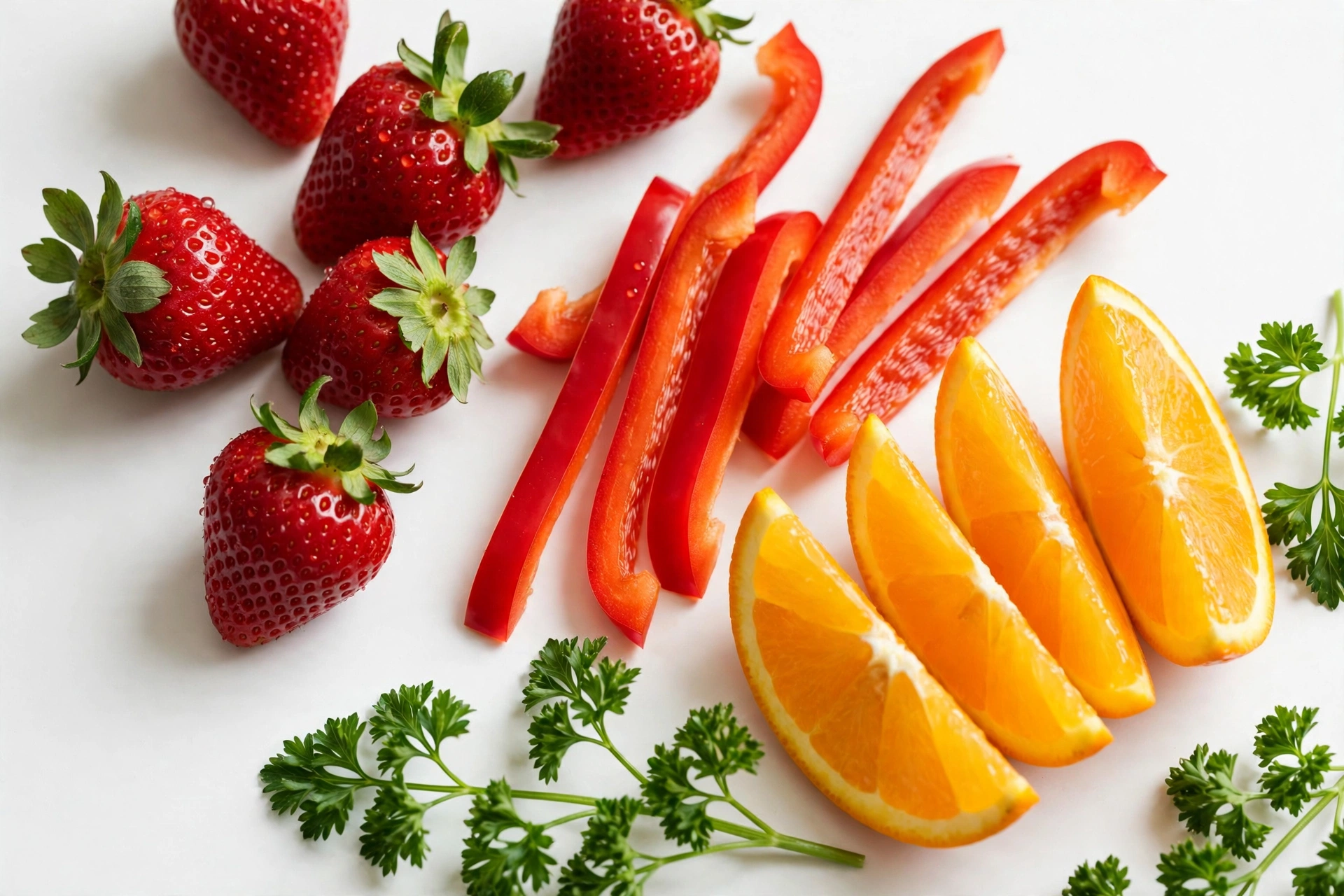 Strawberries, red bell pepper strips, and orange wedges rich in vitamin C