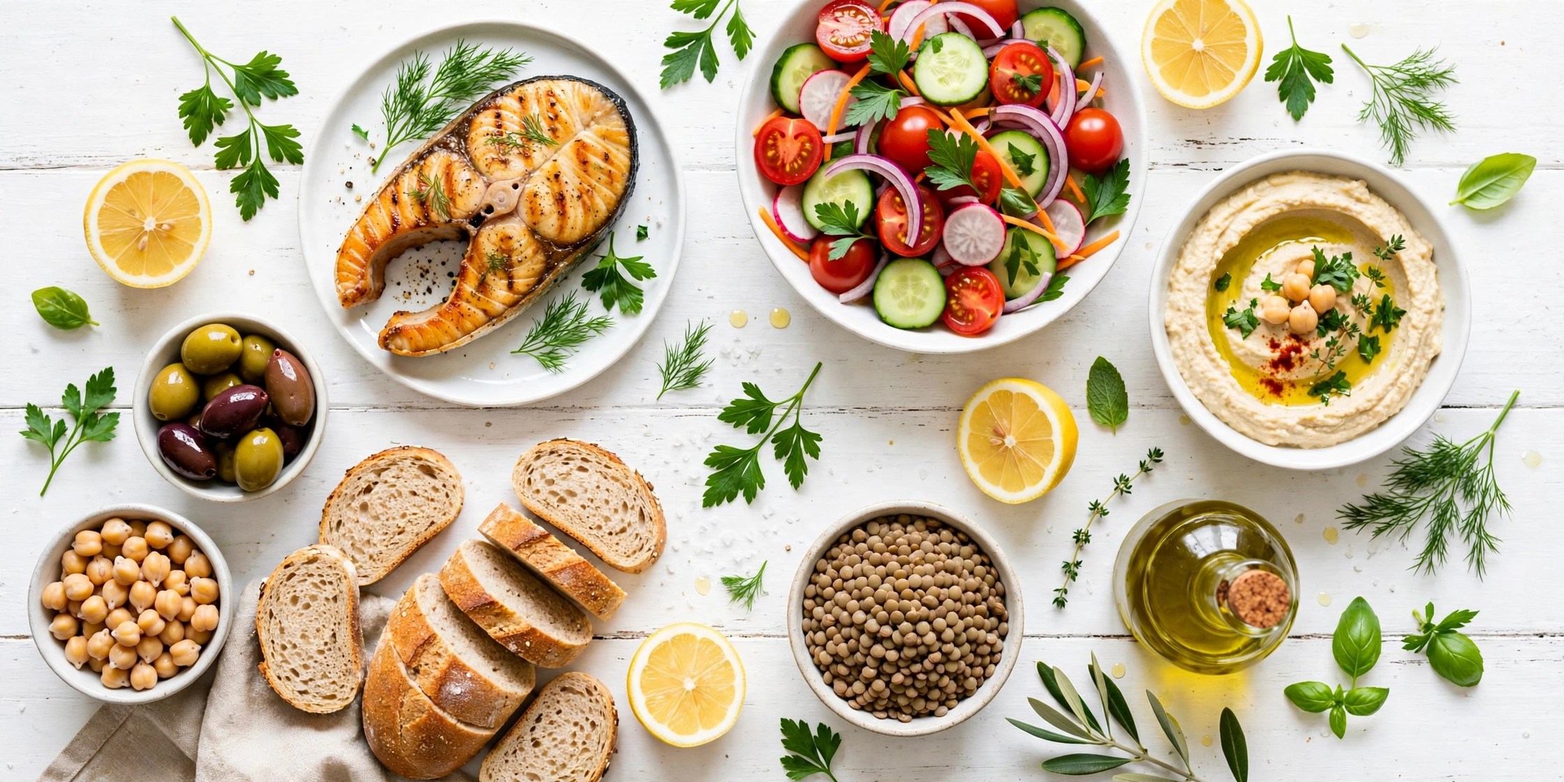 Mediterranean diet foods with olive oil, vegetables and fish