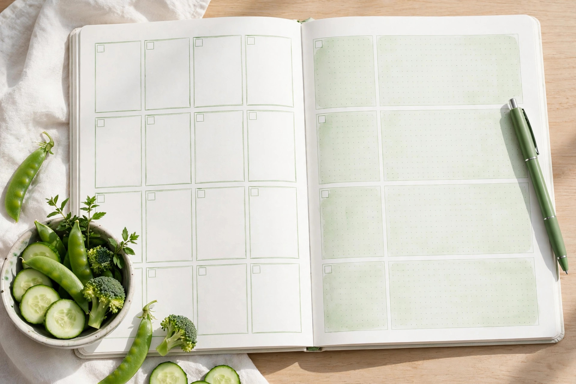Open weekly food journal with a pen and fresh vegetables on a table