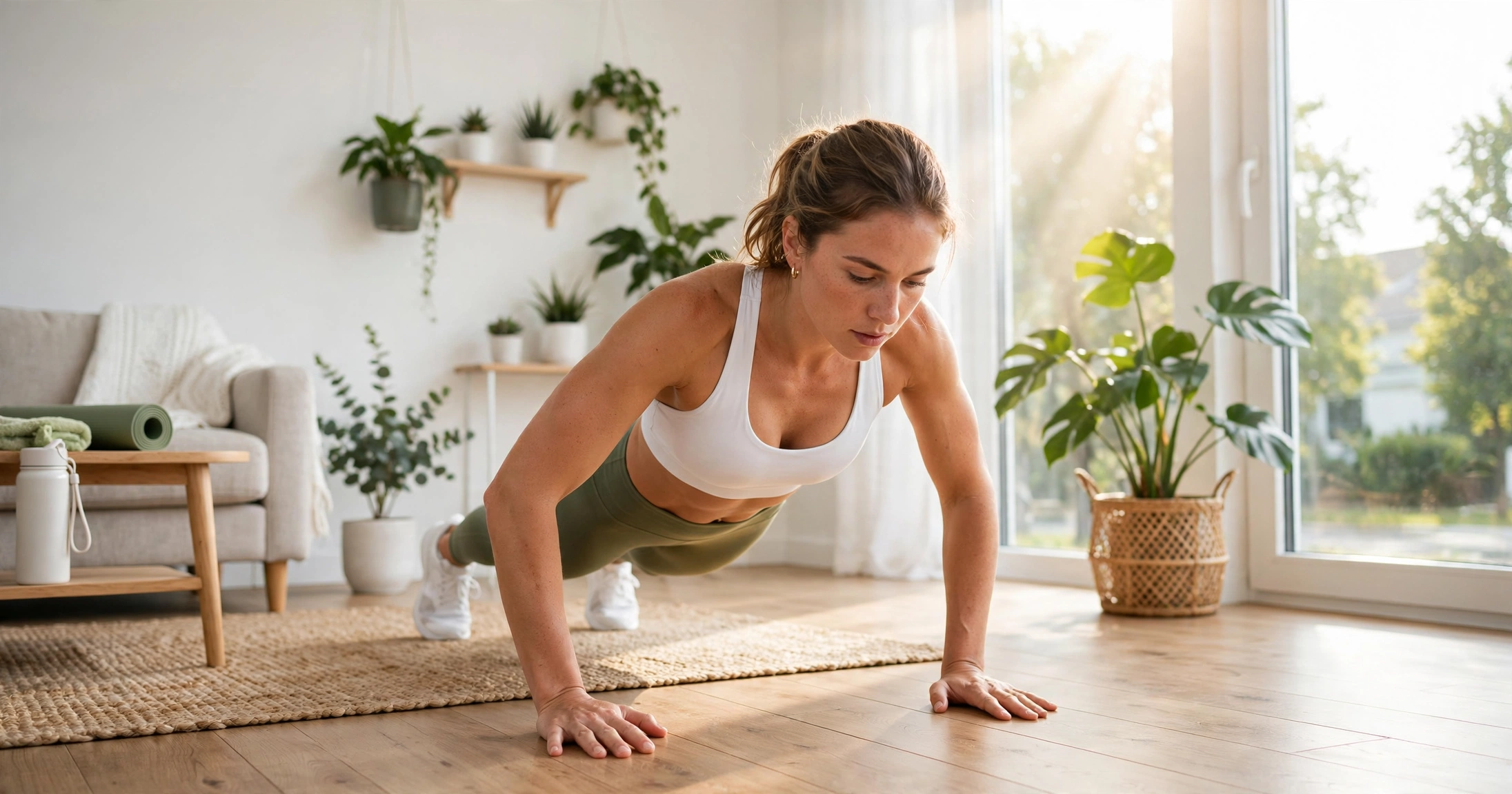 Person doing push-ups at home during a no-equipment bodyweight workout