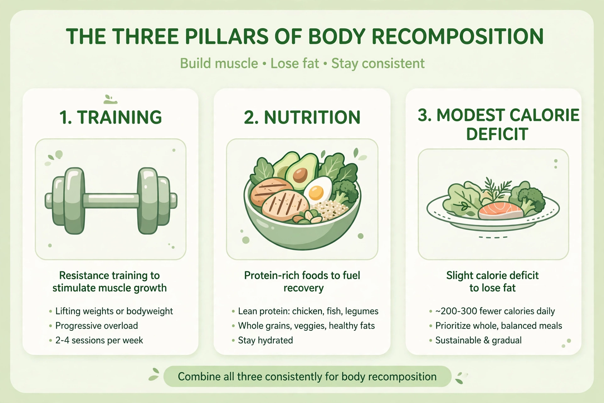 Infographic illustration of the three pillars of body recomposition: training, protein, and a modest calorie deficit
