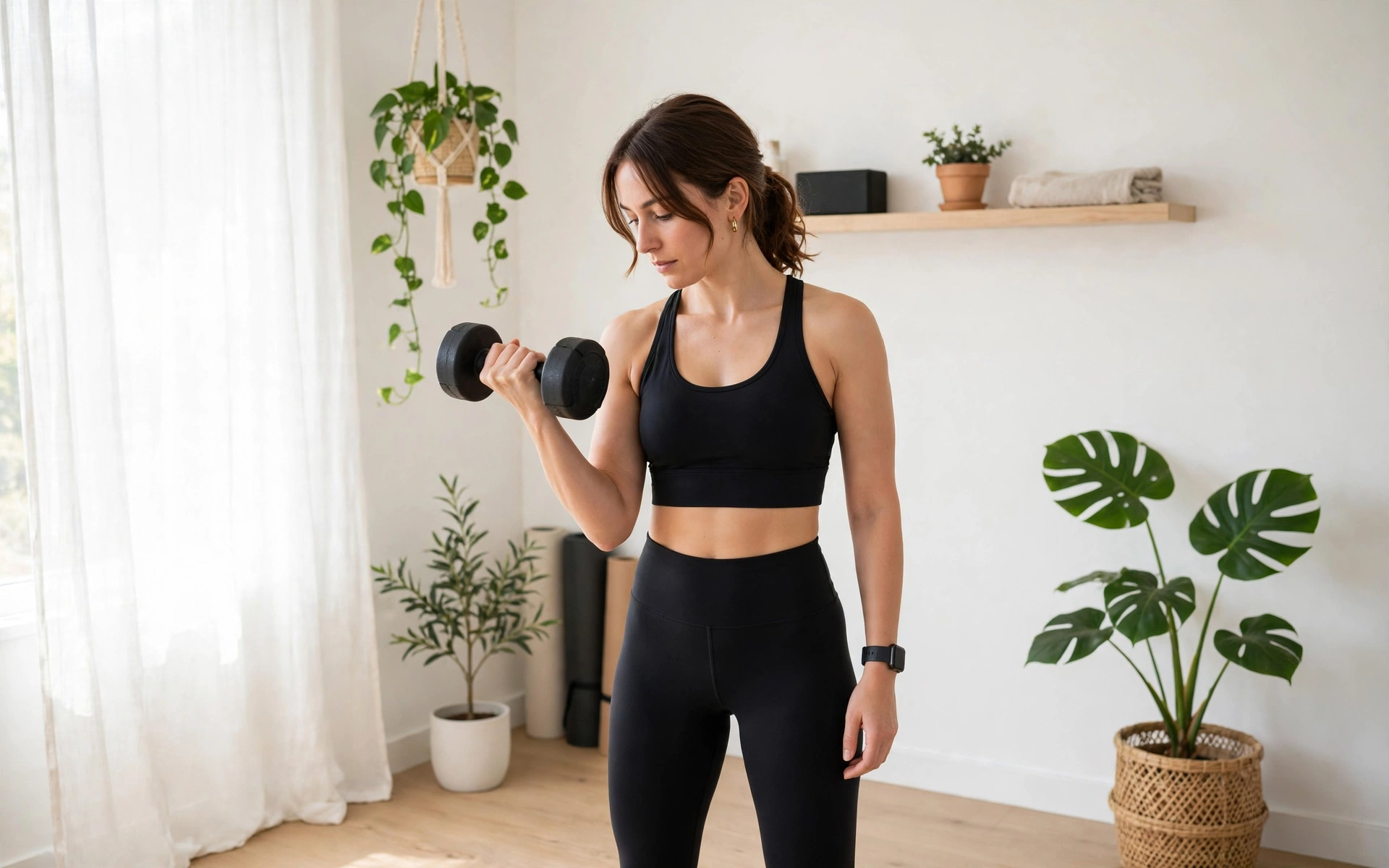 Person, die bei einem Krafttraining zu Hause in einem hellen Raum Hanteln hebt