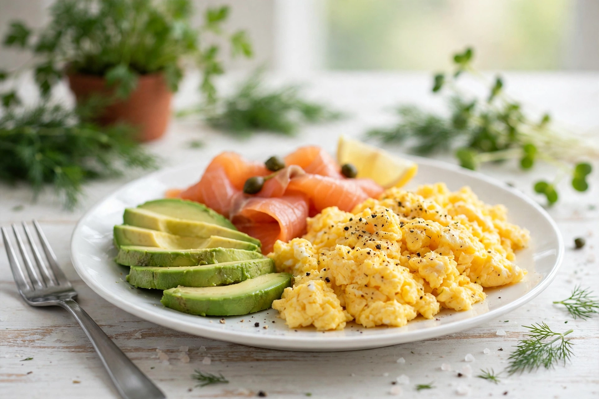Keto breakfast plate with scrambled eggs, sliced avocado, and smoked salmon