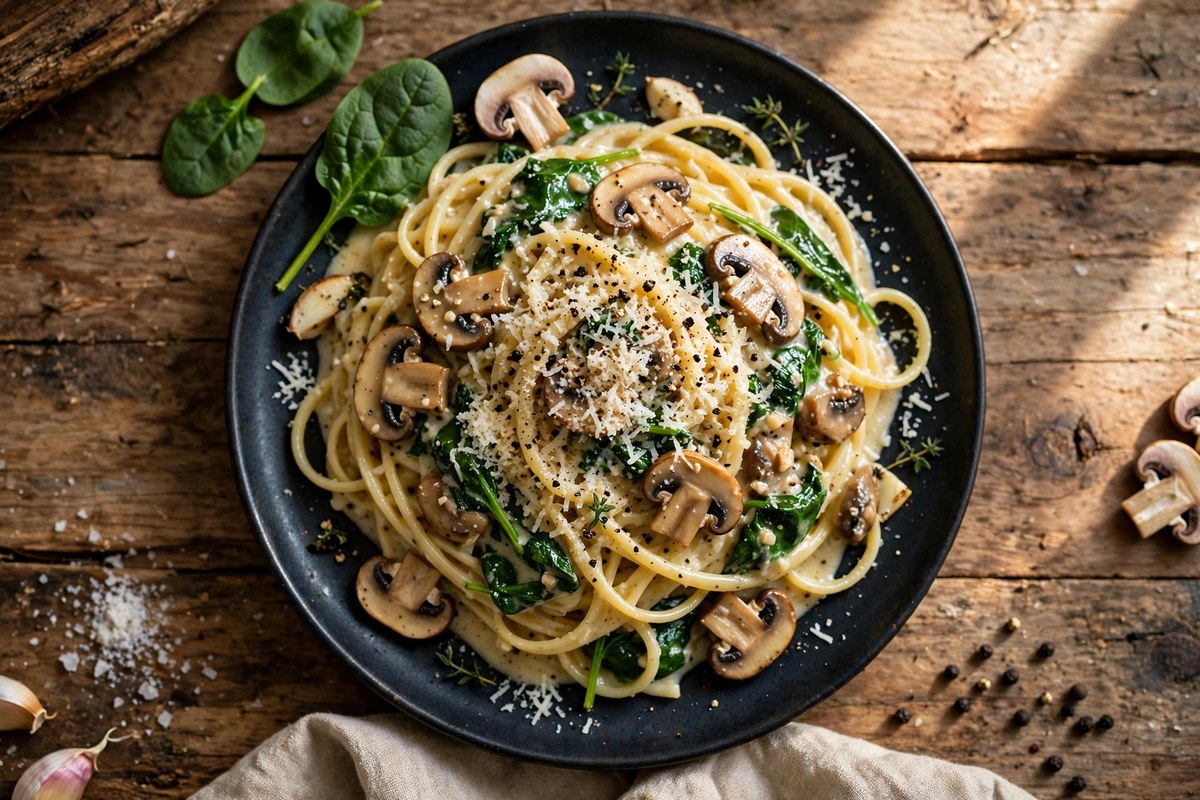 Step 3 — Creamy Mushroom & Spinach Pasta
