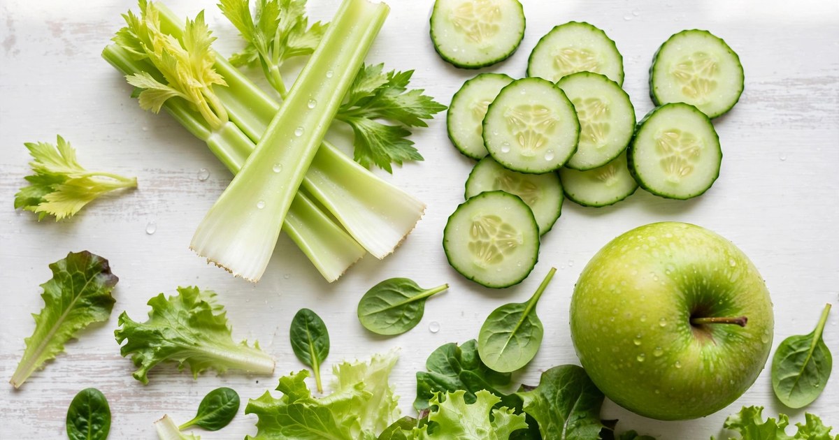 Fresh celery sticks, cucumber slices, green apple and leafy greens on a white table