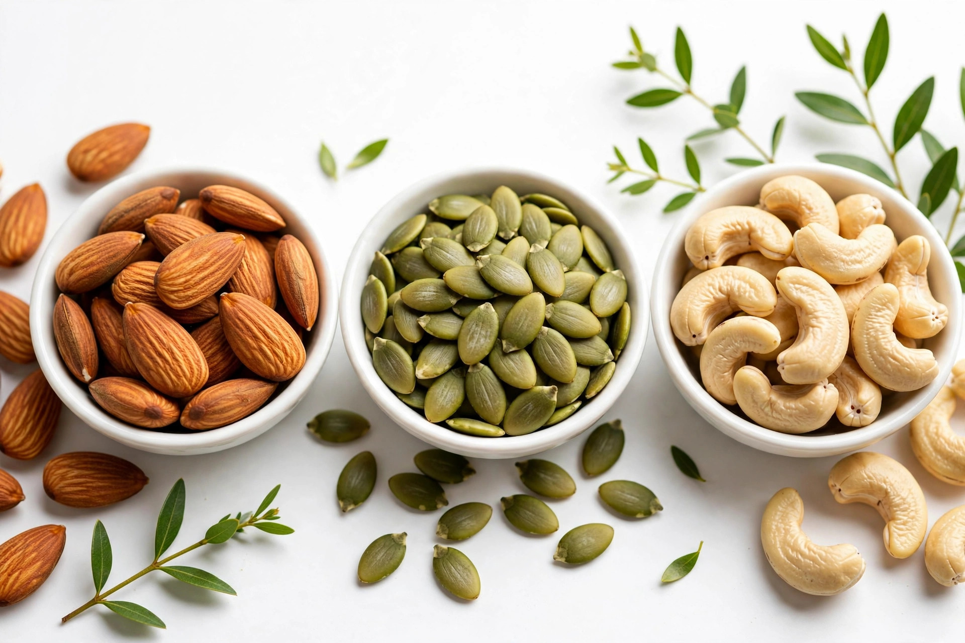 Mixed nuts and seeds (almonds, pumpkin seeds, cashews) in small white bowls