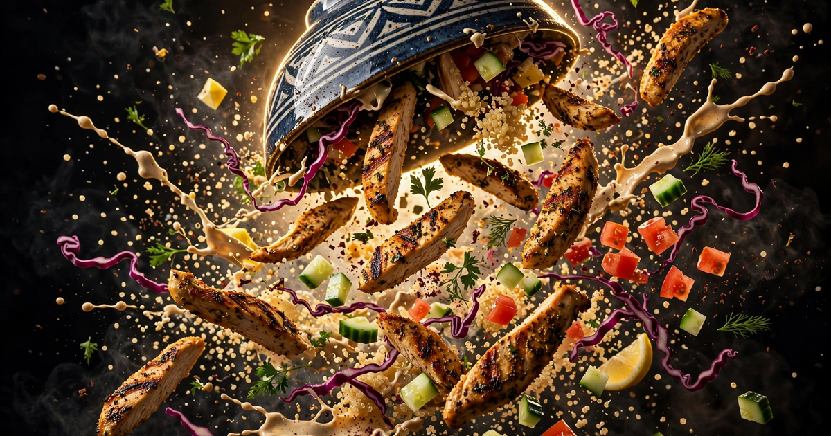 Explosive action shot of a chicken shawarma bowl launching into the air — charred chicken strips, fluffy quinoa, cucumber tomato salad and red cabbage flying, dark moody background