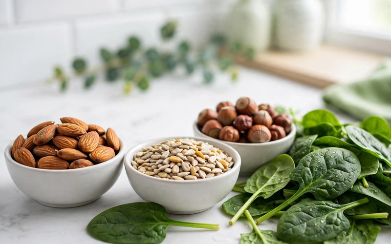 Almonds, sunflower seeds, and hazelnuts in bowls beside fresh spinach.