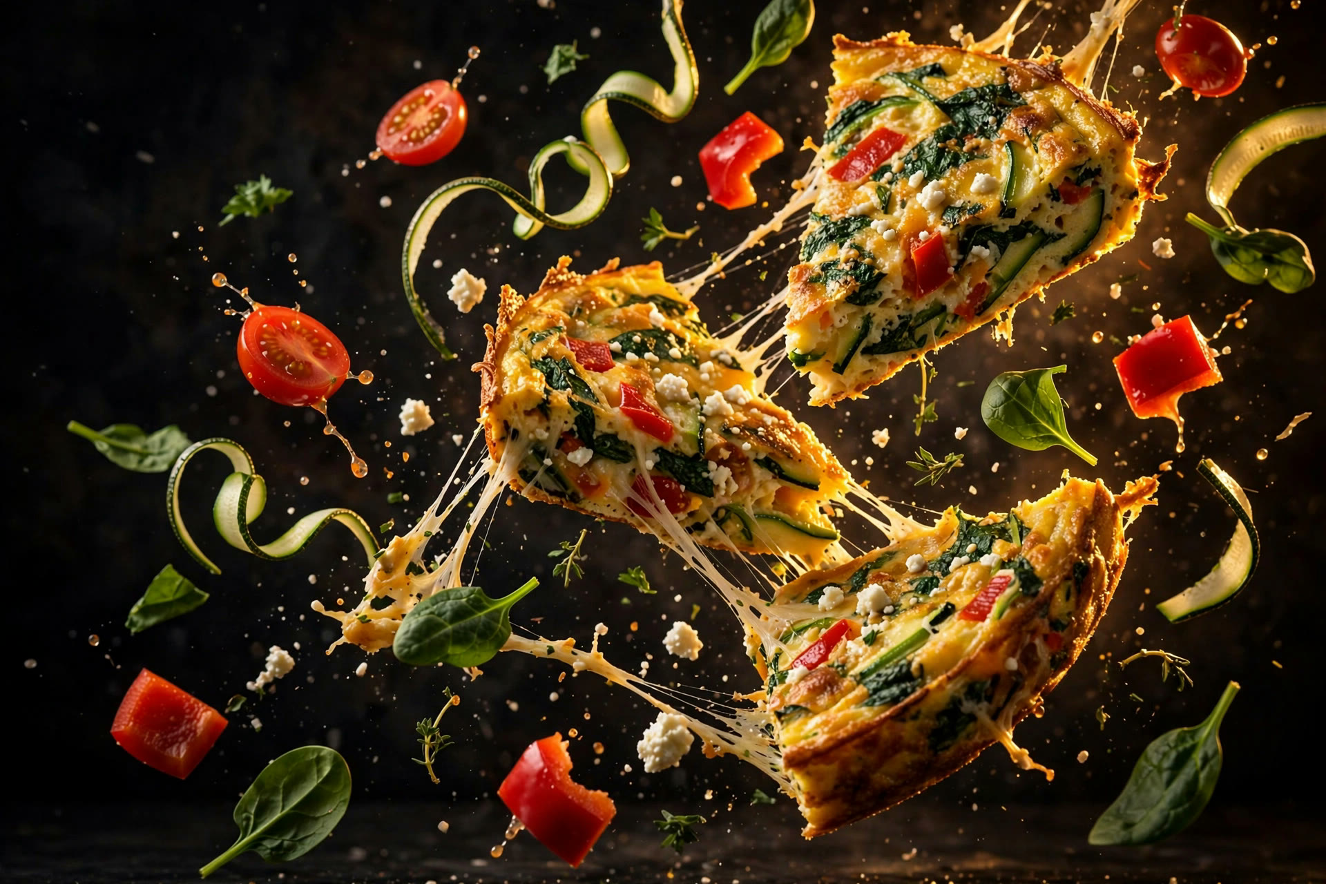 Explosive-action shot: three golden frittata wedges tumbling mid-air, their cut faces showing fluffy egg studded with spinach, red peppers, zucchini ribbons and crumbled feta with melted cheese strands; cherry tomato halves, red pepper chunks, zucchini ri