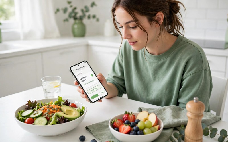 Mujer registrando una comida en una app de contador de calorías en su teléfono en una mesa de cocina con ensalada y fruta.