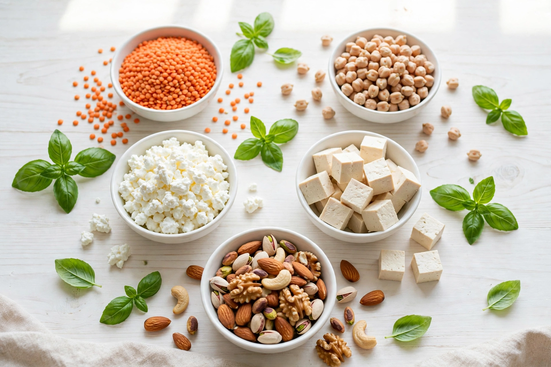 High-protein vegetarian ingredients in bowls: red lentils, chickpeas, cottage cheese, tofu cubes, and mixed nuts
