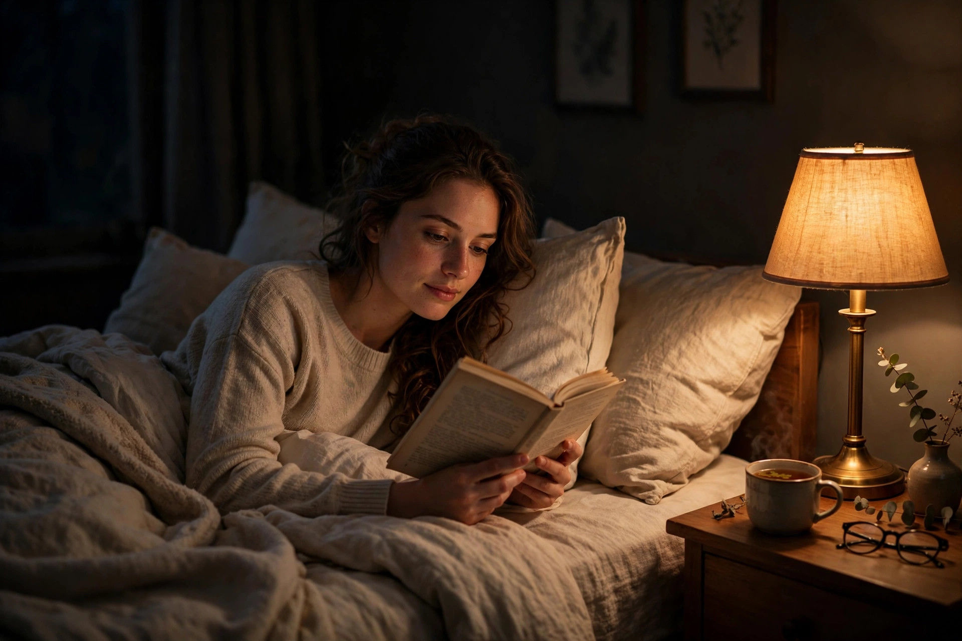 Person reading a paper book in bed with warm bedside lamp