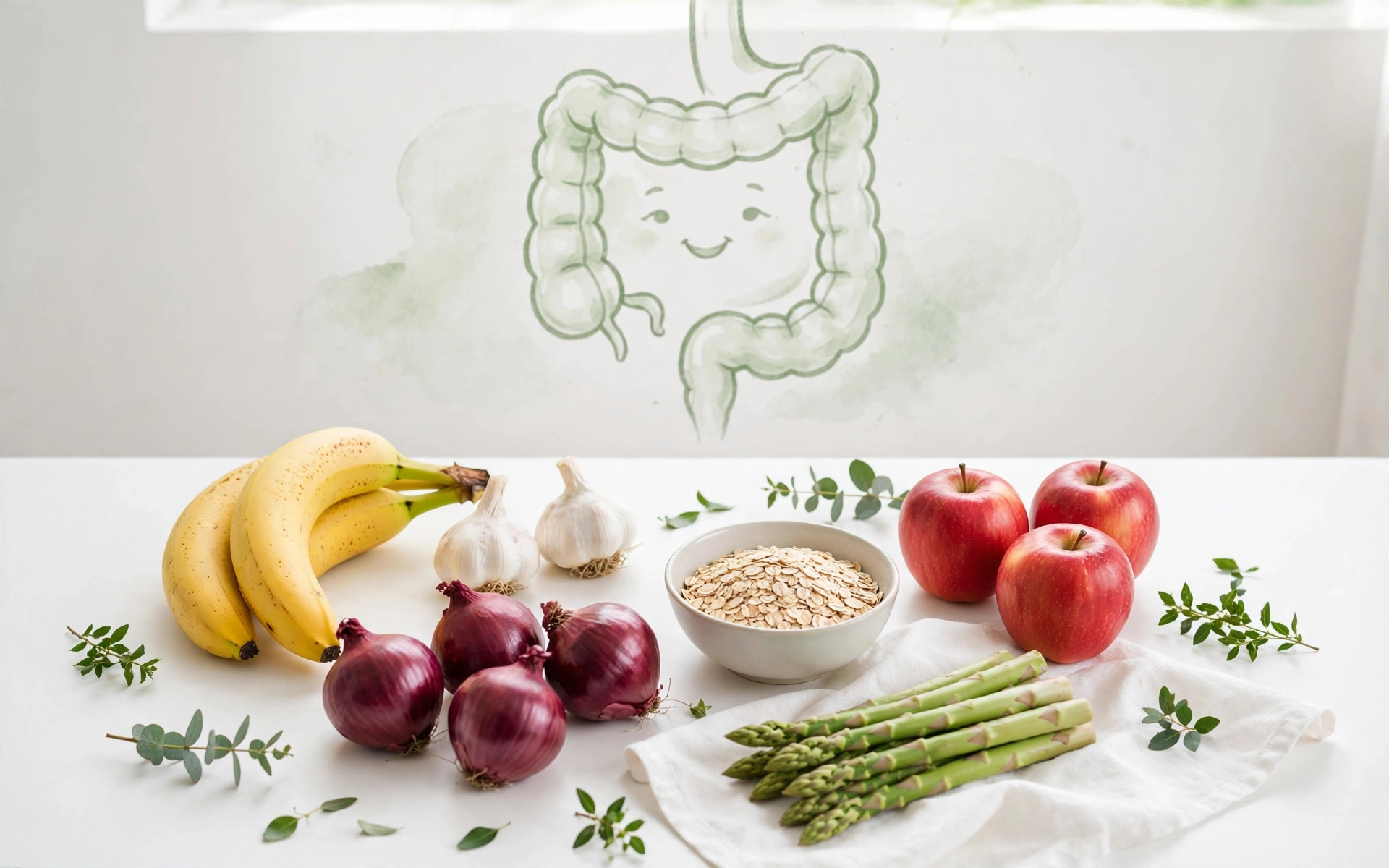 Prebiotic fiber-rich foods — bananas, garlic bulbs, red onions, a bowl of oats, red apples and asparagus — arranged on a white table with a soft watercolor illustration of a smiling happy gut in the background