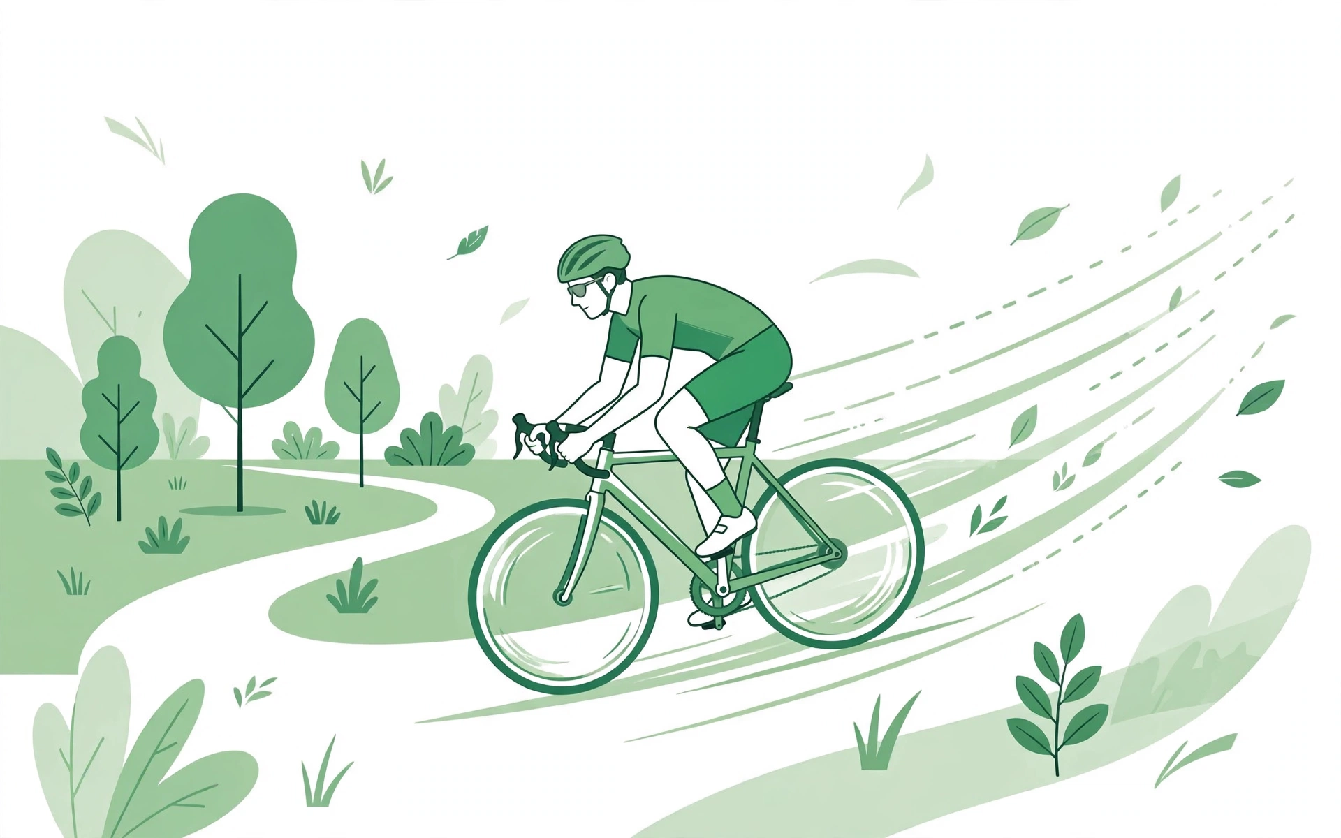 Cyclist riding a road bike through a green park on a sunny day
