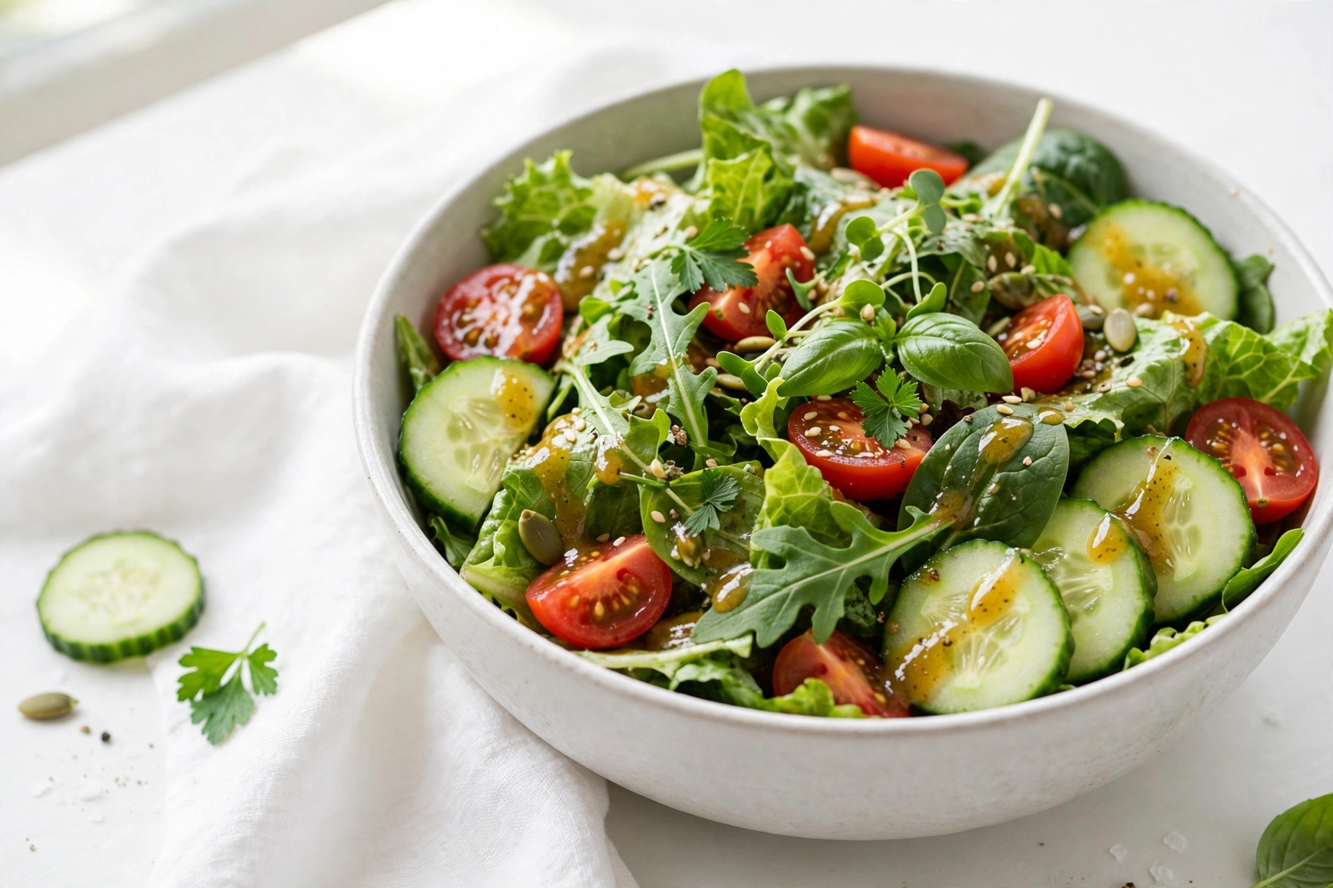 Salade verte fraîche avec tomates cerises, concombre et herbes arrosée de vinaigrette