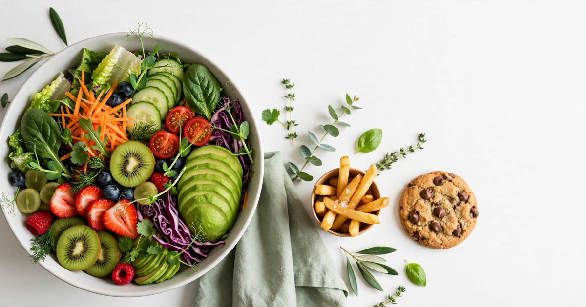 Big colorful salad bowl beside a small portion of fries on a white table, illustrating low vs high calorie density