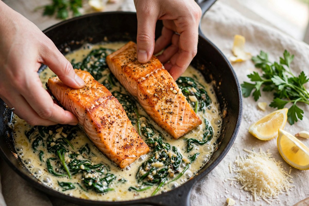 Step 3 — Creamy Garlic Butter Salmon with Spinach