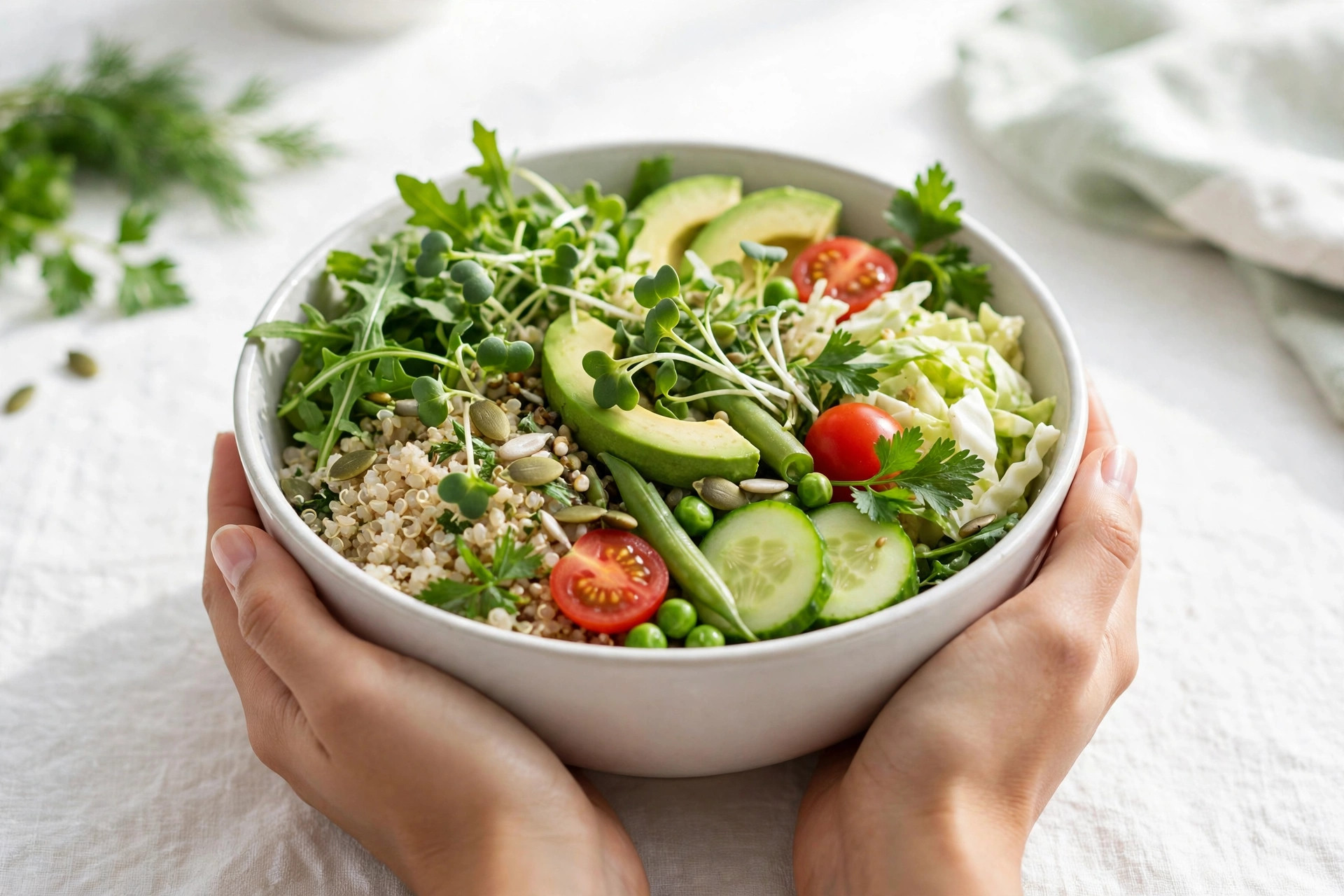 Close-up of hands holding a bowl of fresh vegetables and grains