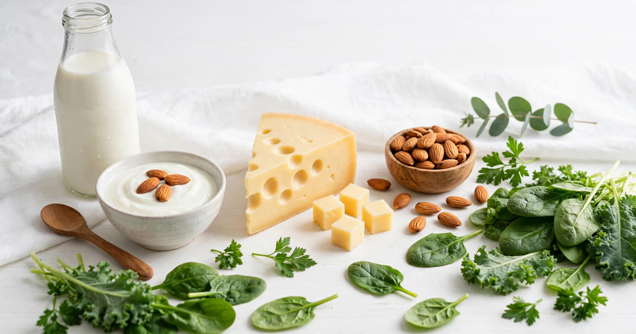 Calcium-rich foods including milk, cheese, yogurt, leafy greens, and almonds arranged on a bright table