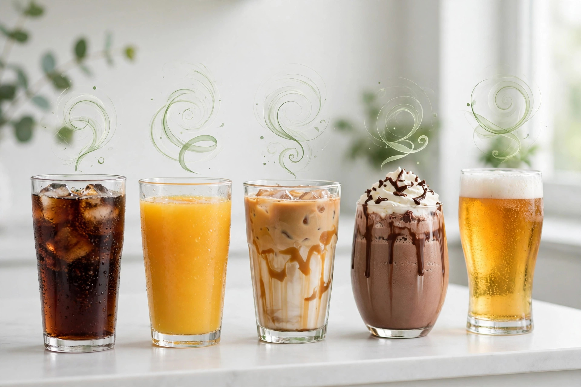 Five sugary drinks lined up on a white kitchen counter — cola, orange juice, iced latte, milkshake and beer — illustrating hidden liquid calories