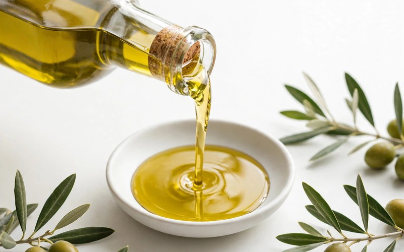 Olive oil pouring from a glass bottle into a small dish