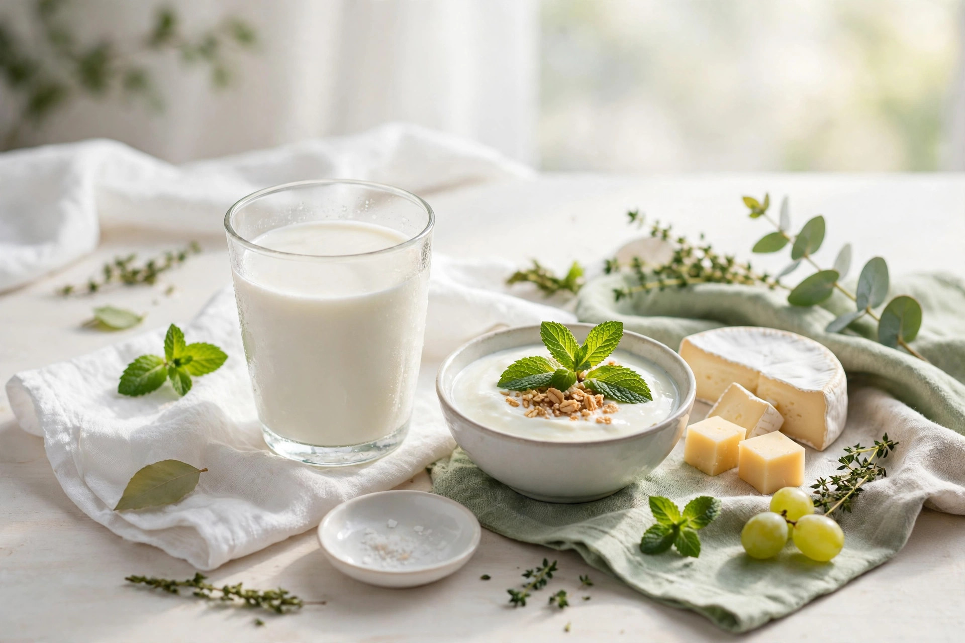 Verre de lait avec du fromage et du yaourt sur une table