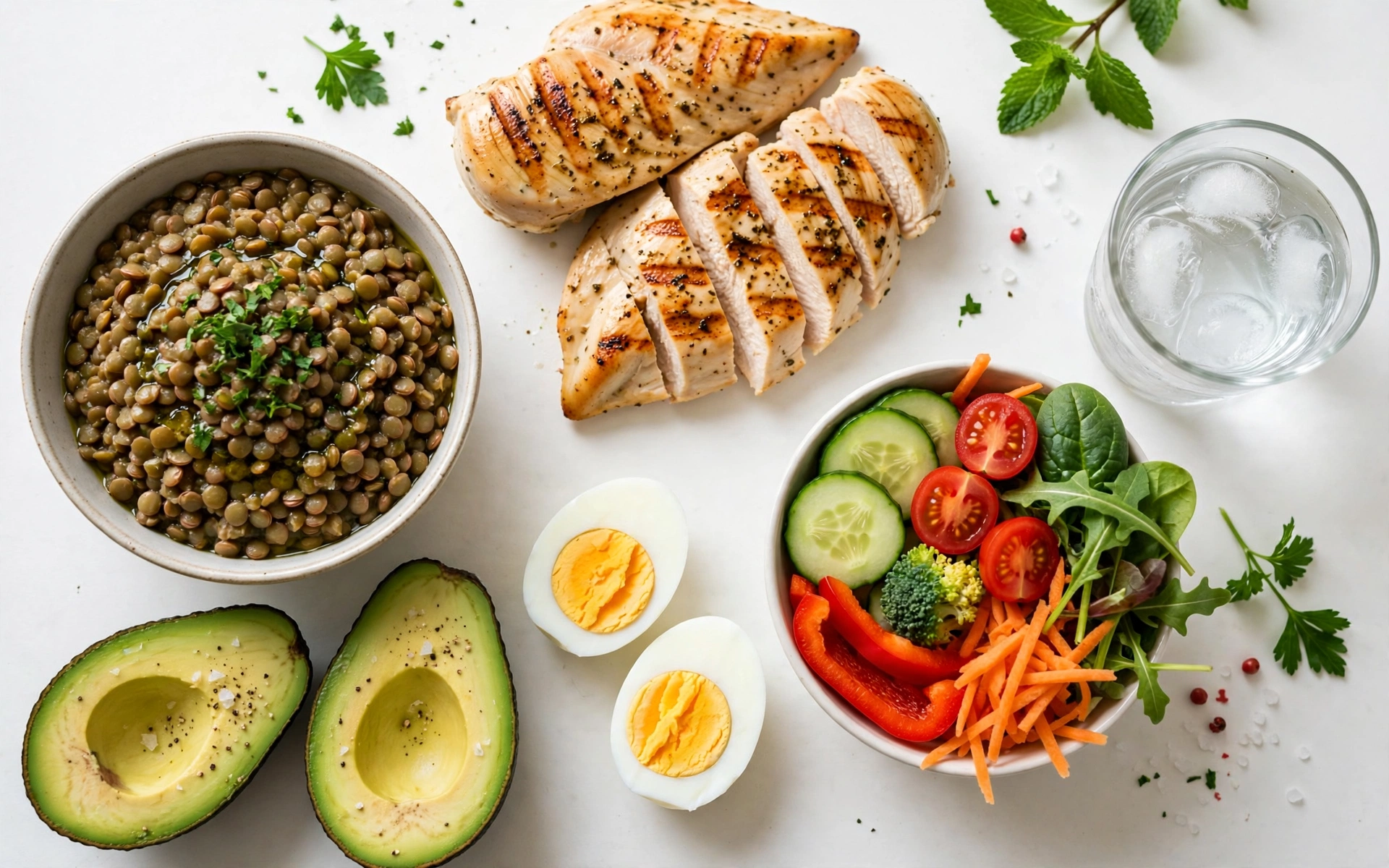 Bright flat-lay photo of a satisfying high-protein, high-fiber spread: grilled chicken breast (whole and sliced), a bowl of cooked lentils, two avocado halves, two boiled egg halves, a colorful vegetable bowl with cucumber, tomatoes, peppers, broccoli and carrots, plus a glass of iced water